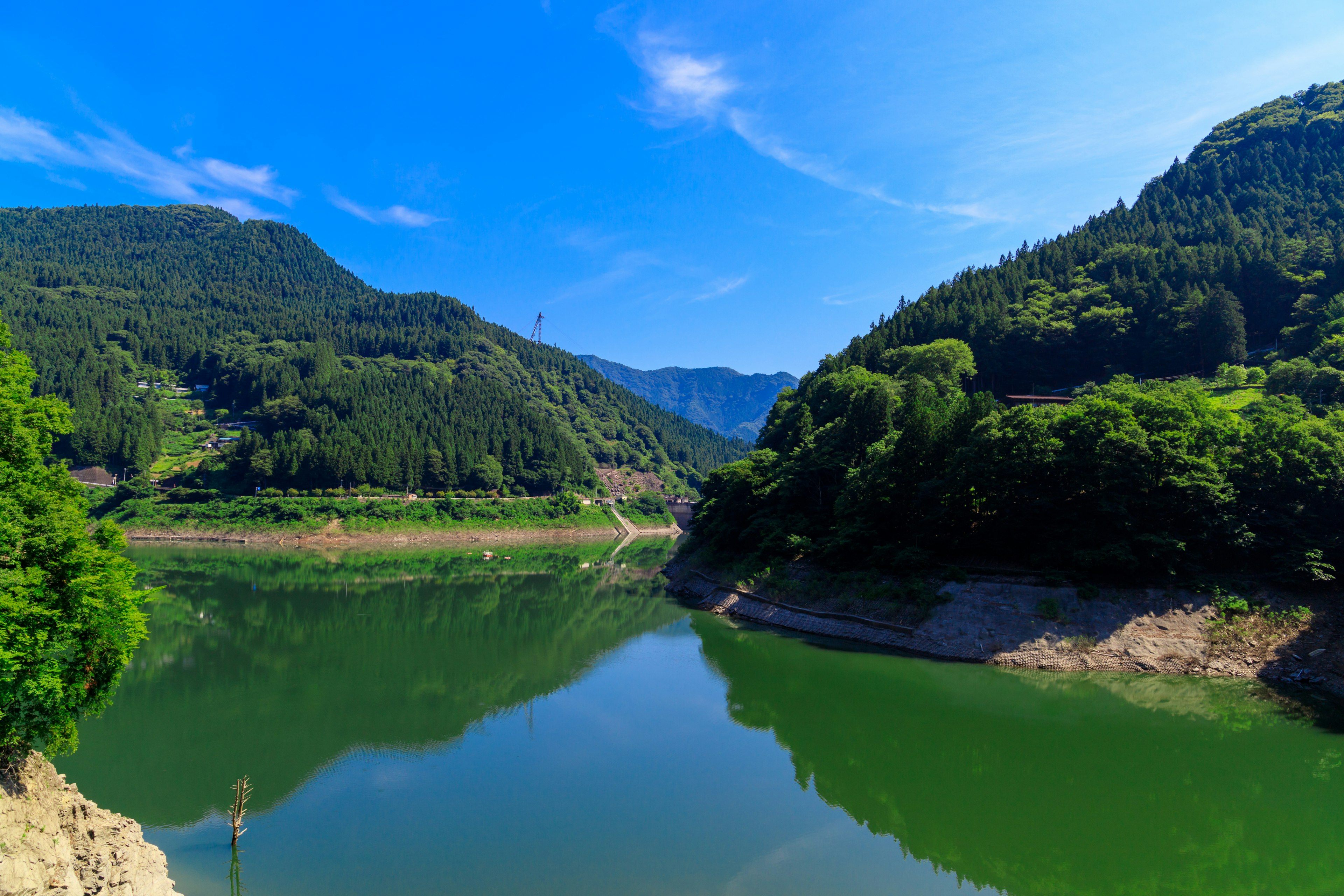 Un hermoso paisaje con un lago verde y montañas bajo un cielo azul