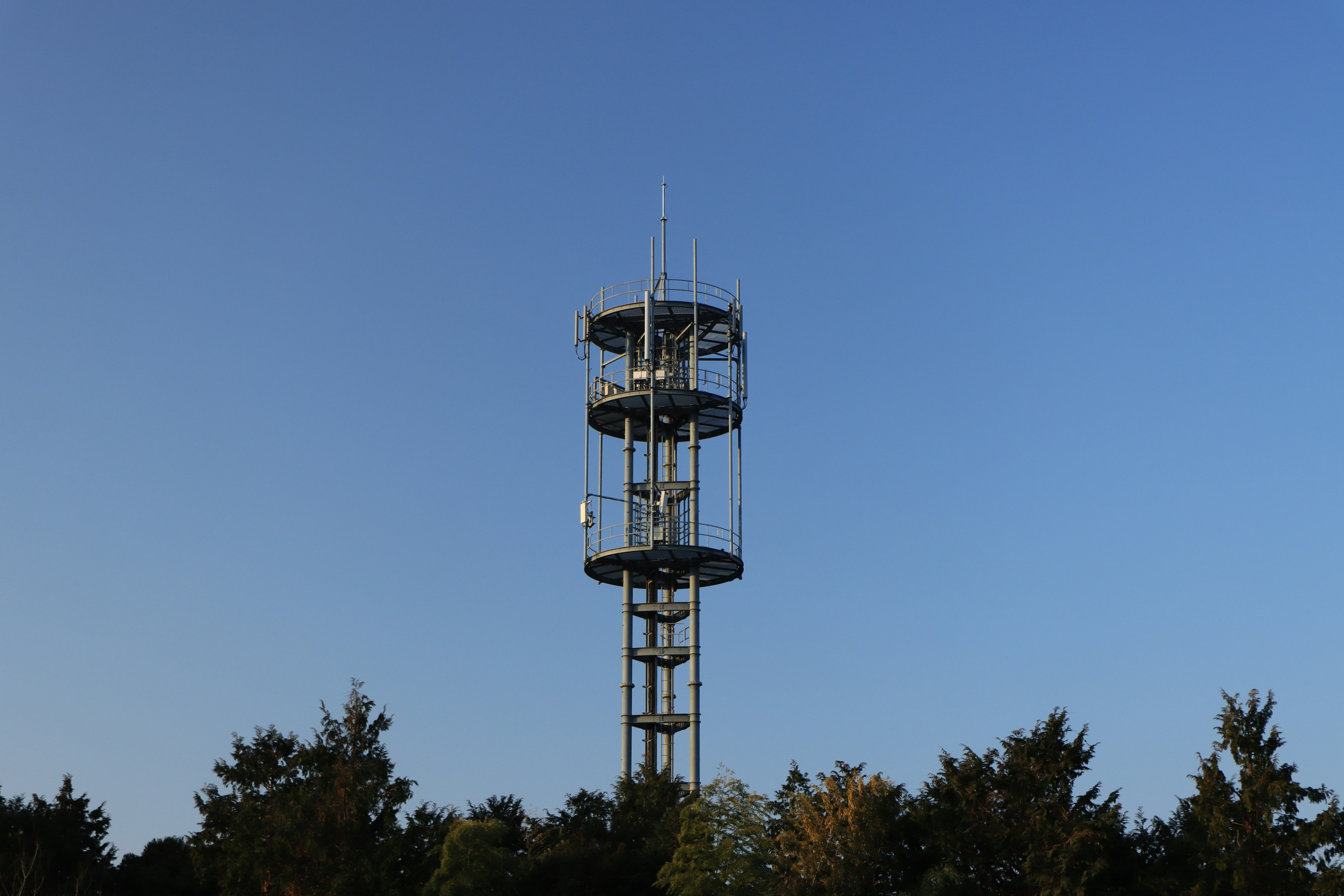 Communication tower under a clear blue sky with surrounding trees