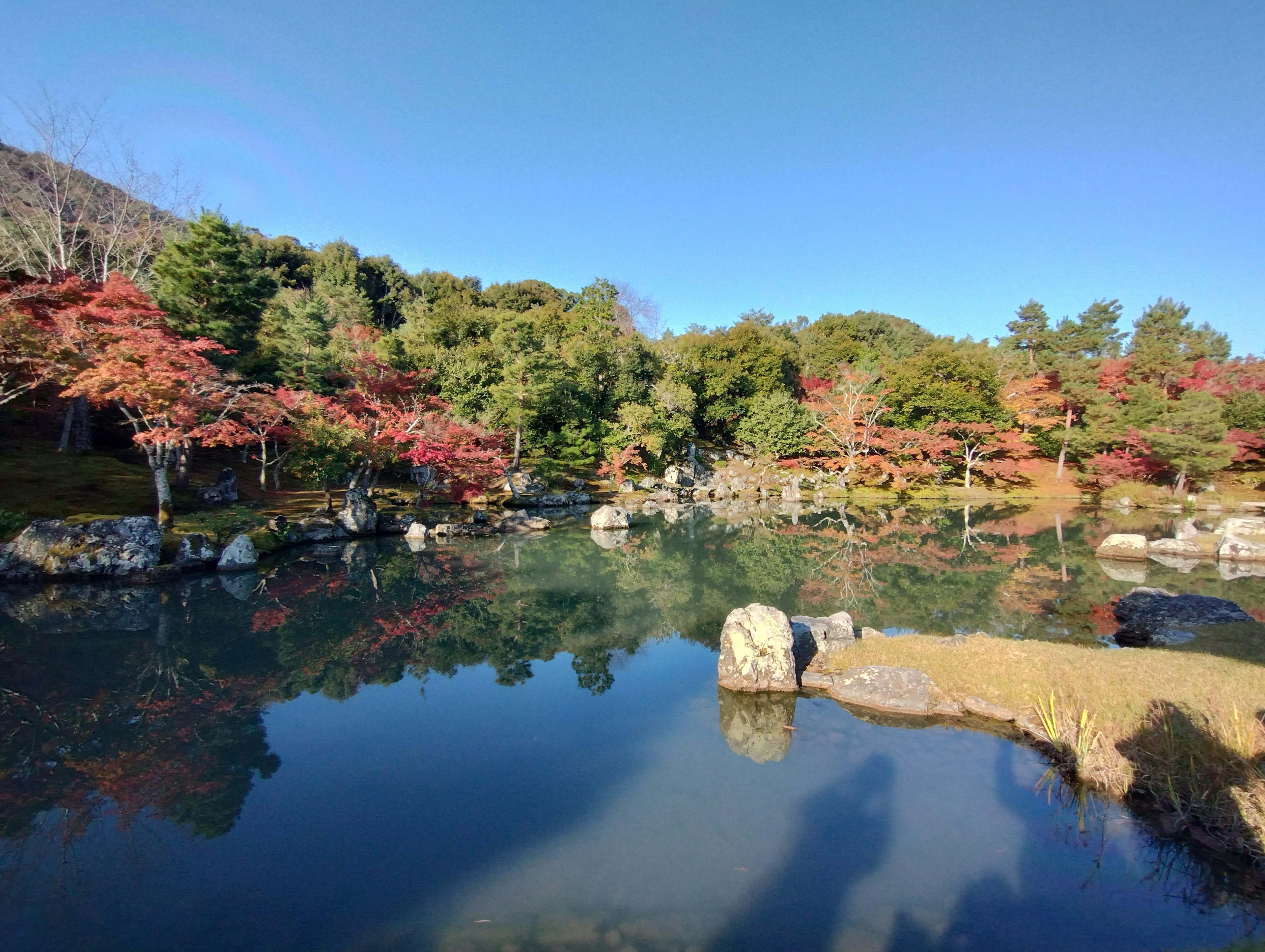 Ruhiger Teich, der schöne Herbstlaub reflektiert