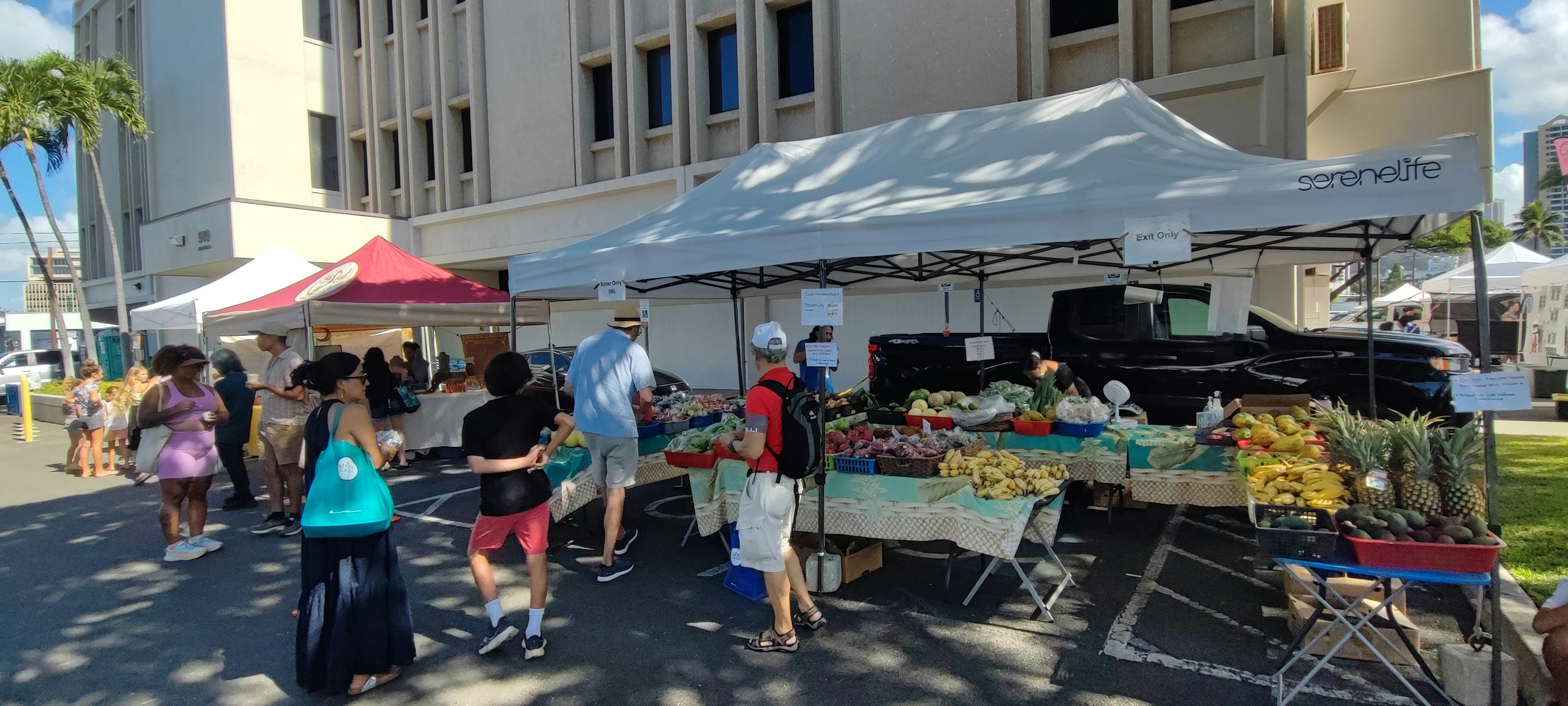 Scena di mercato all'aperto con bancarelle che vendono frutta e verdura fresca