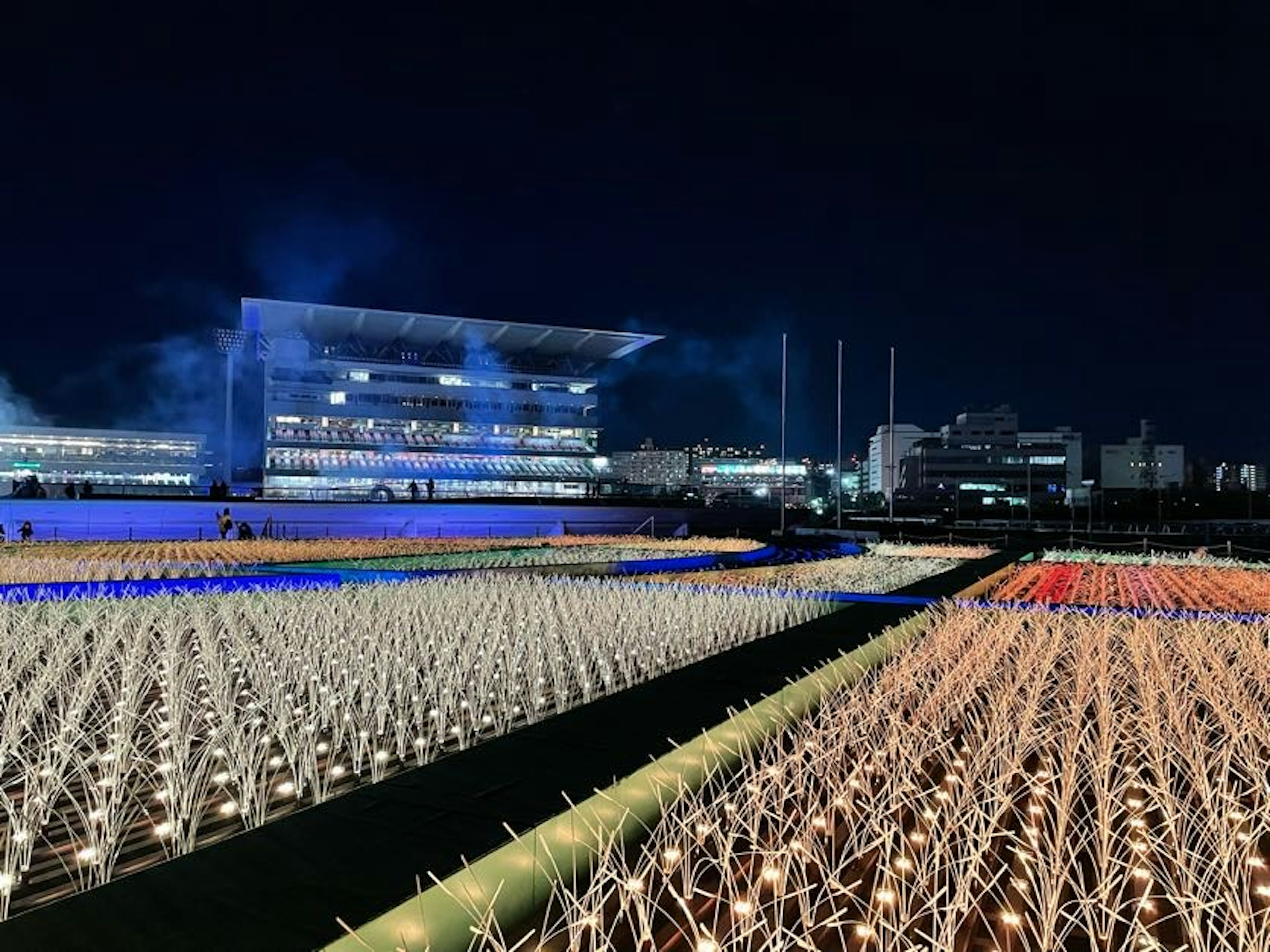 夜间五光十色的照明田野与背景中的现代建筑