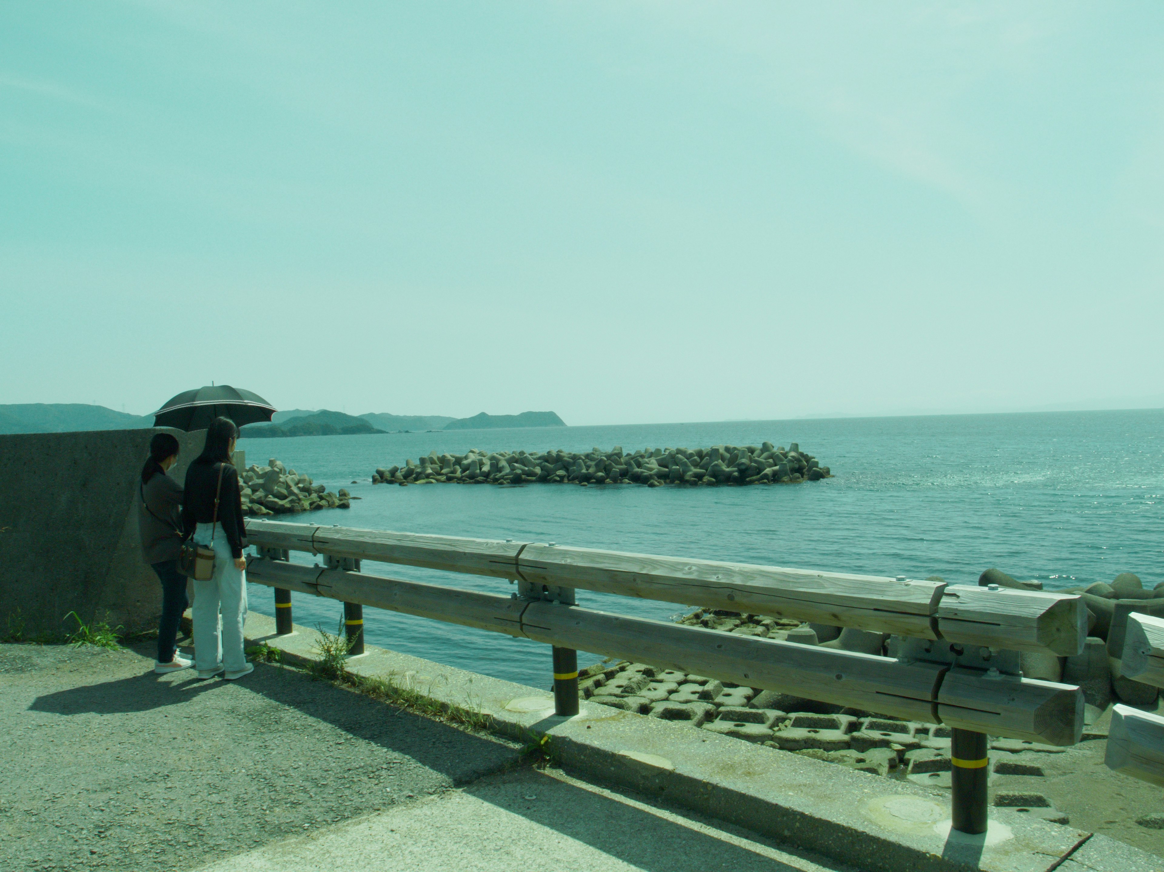 Two women looking at the sea with a guardrail