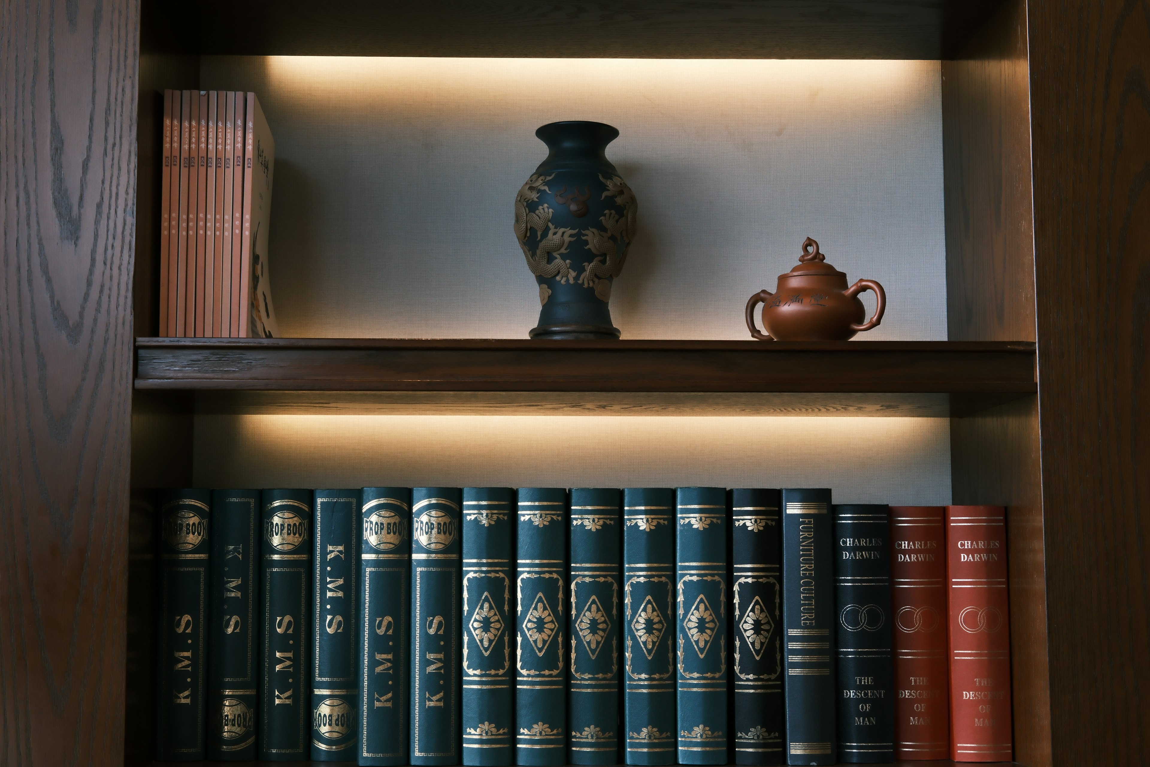 Libri rilegati in blu ordinatamente disposti con un vaso decorativo e una teiera su uno scaffale