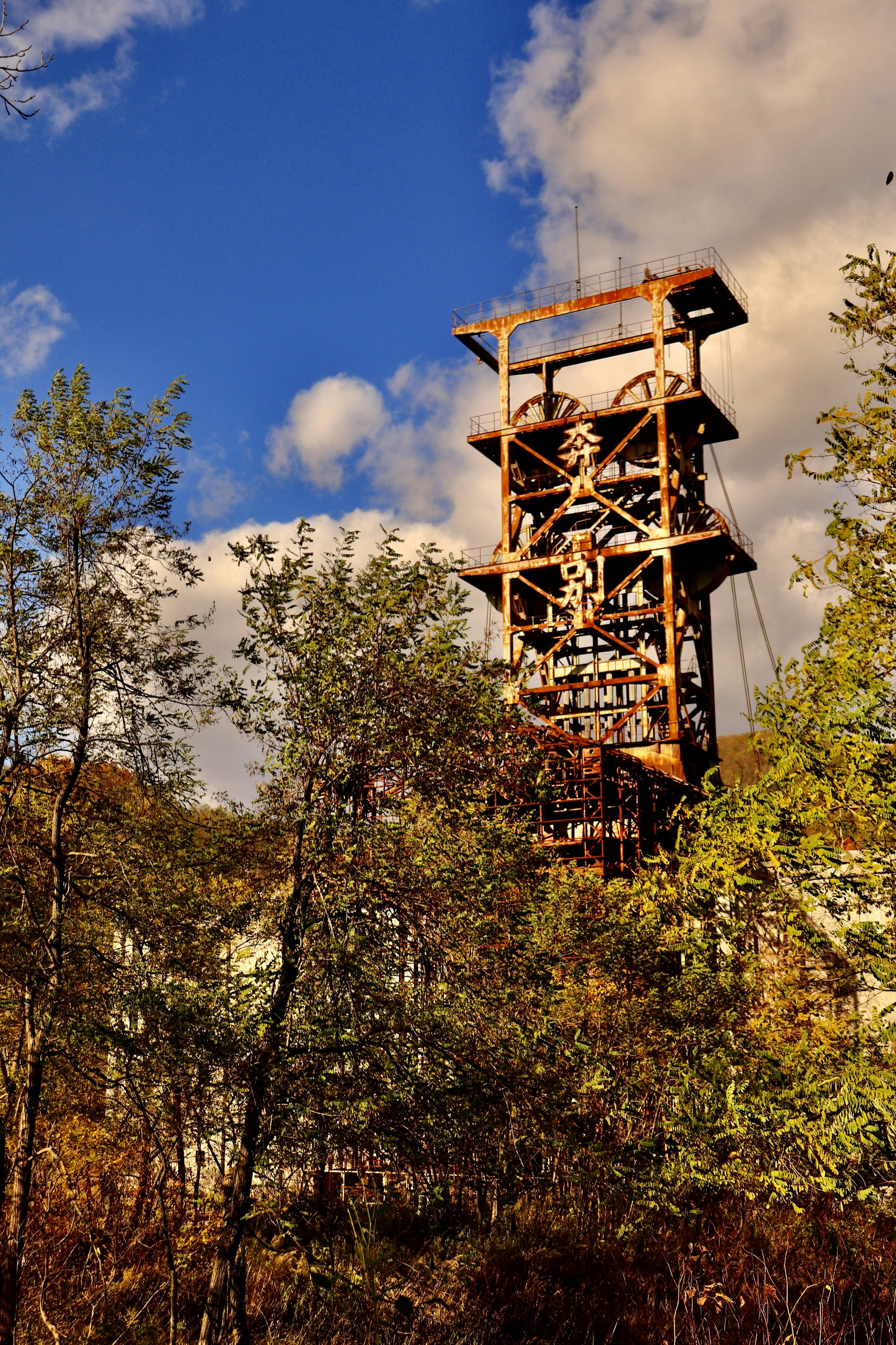 Old mine tower visible among trees in an abandoned site