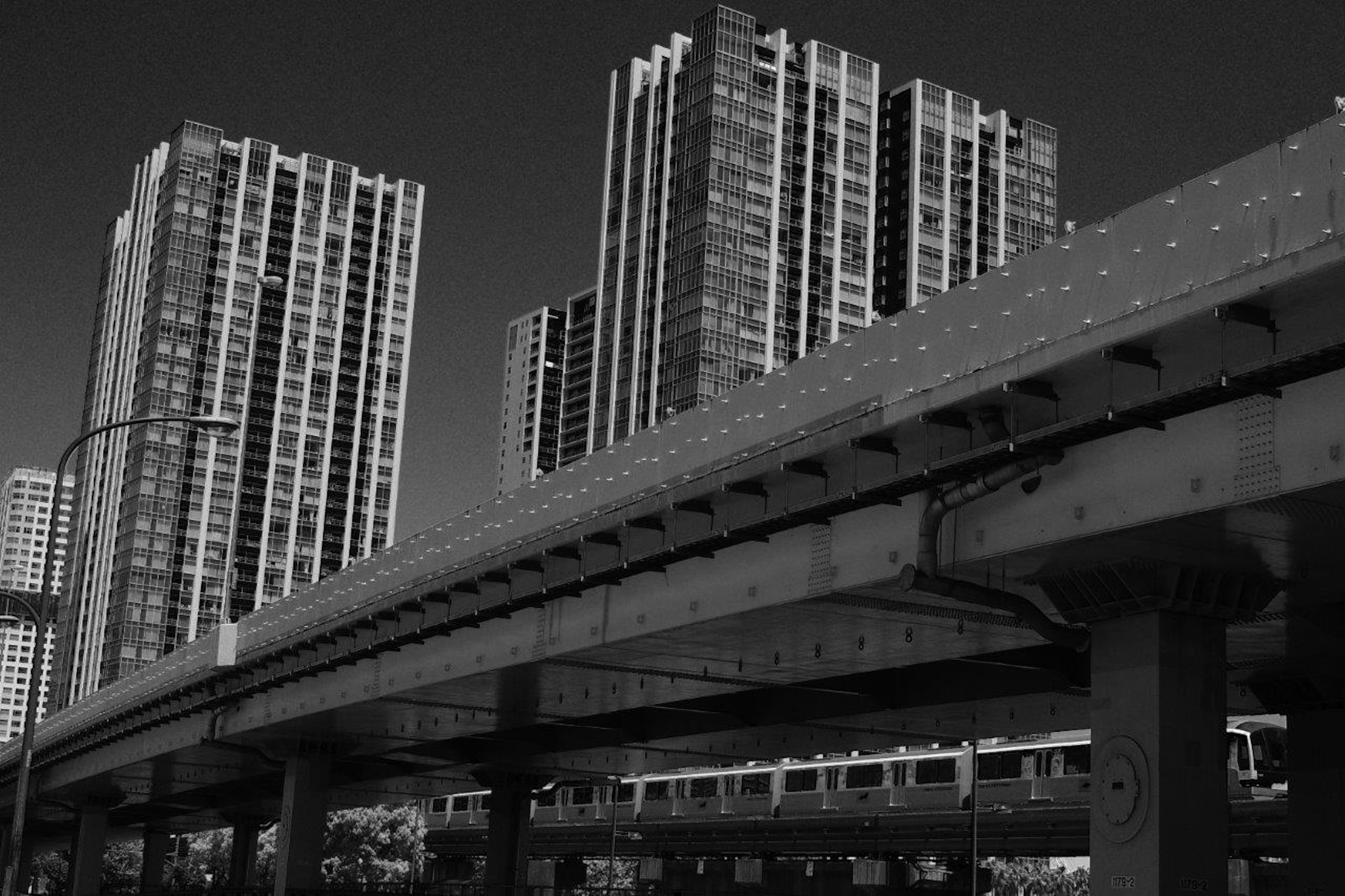 Black and white image of high-rise buildings and an elevated road