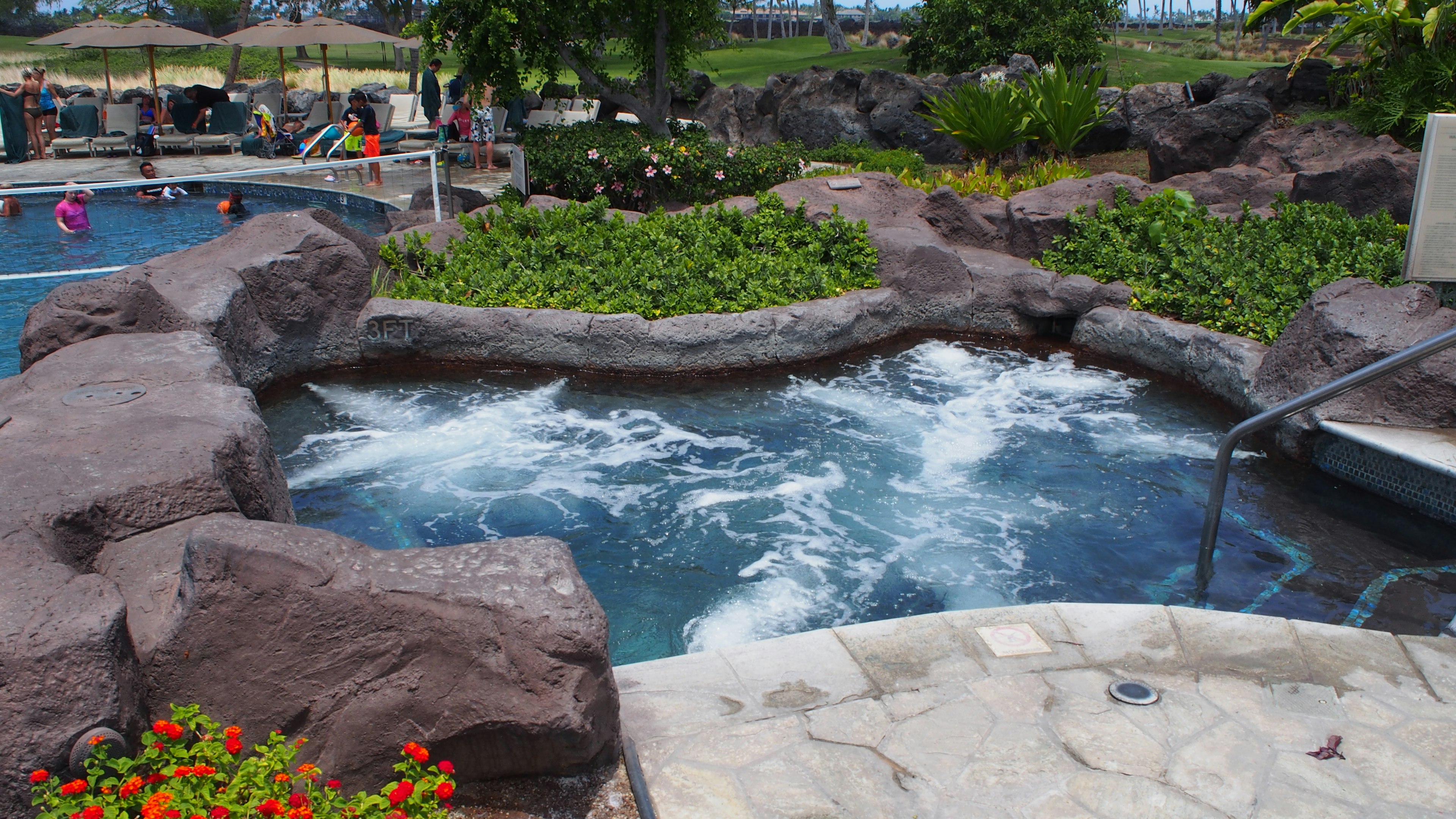 Resort jacuzzi surrounded by lush greenery