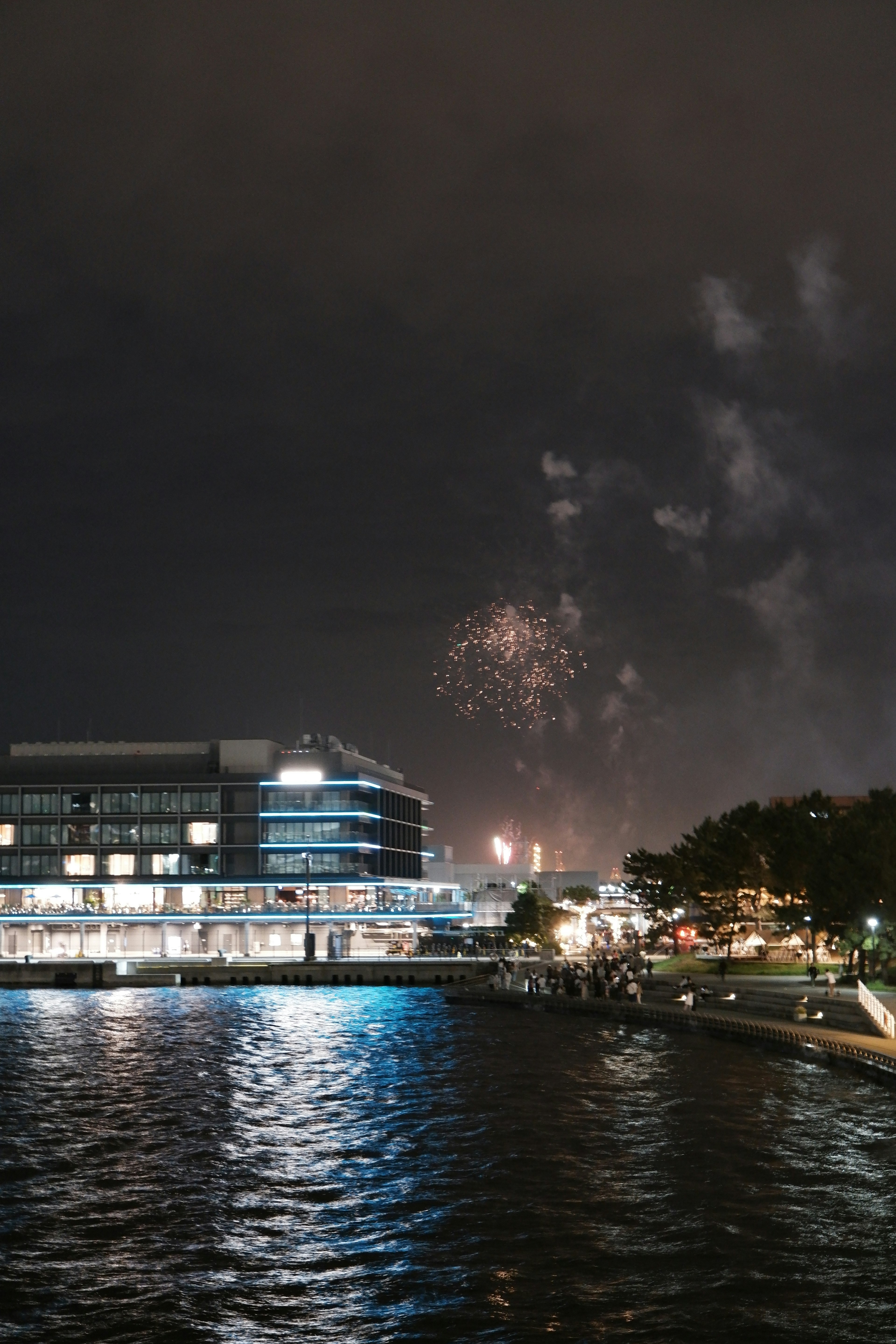 Edificio moderno junto al río con fuegos artificiales en el cielo nocturno