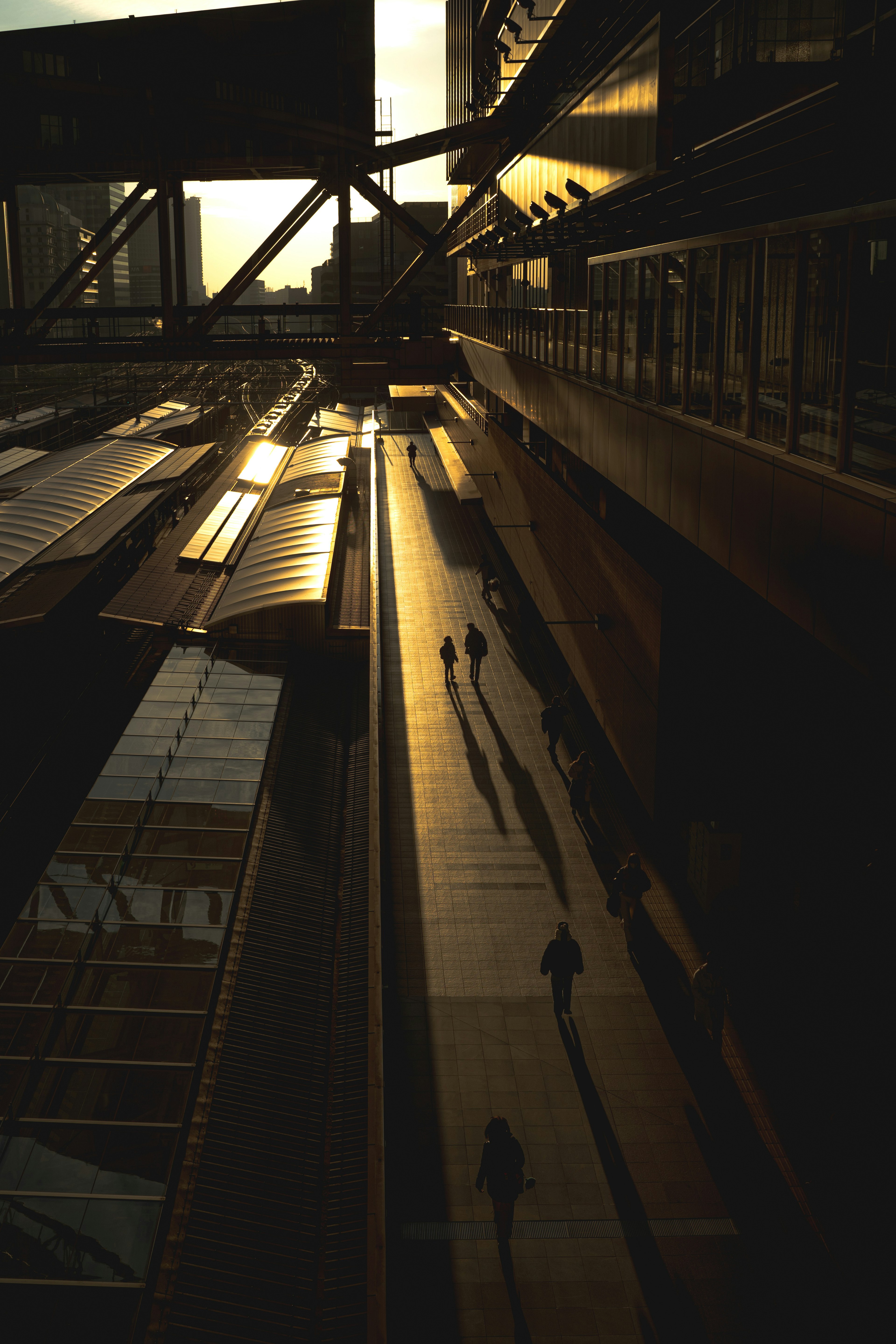 Silhouettes of people walking on a walkway during sunset in an urban landscape