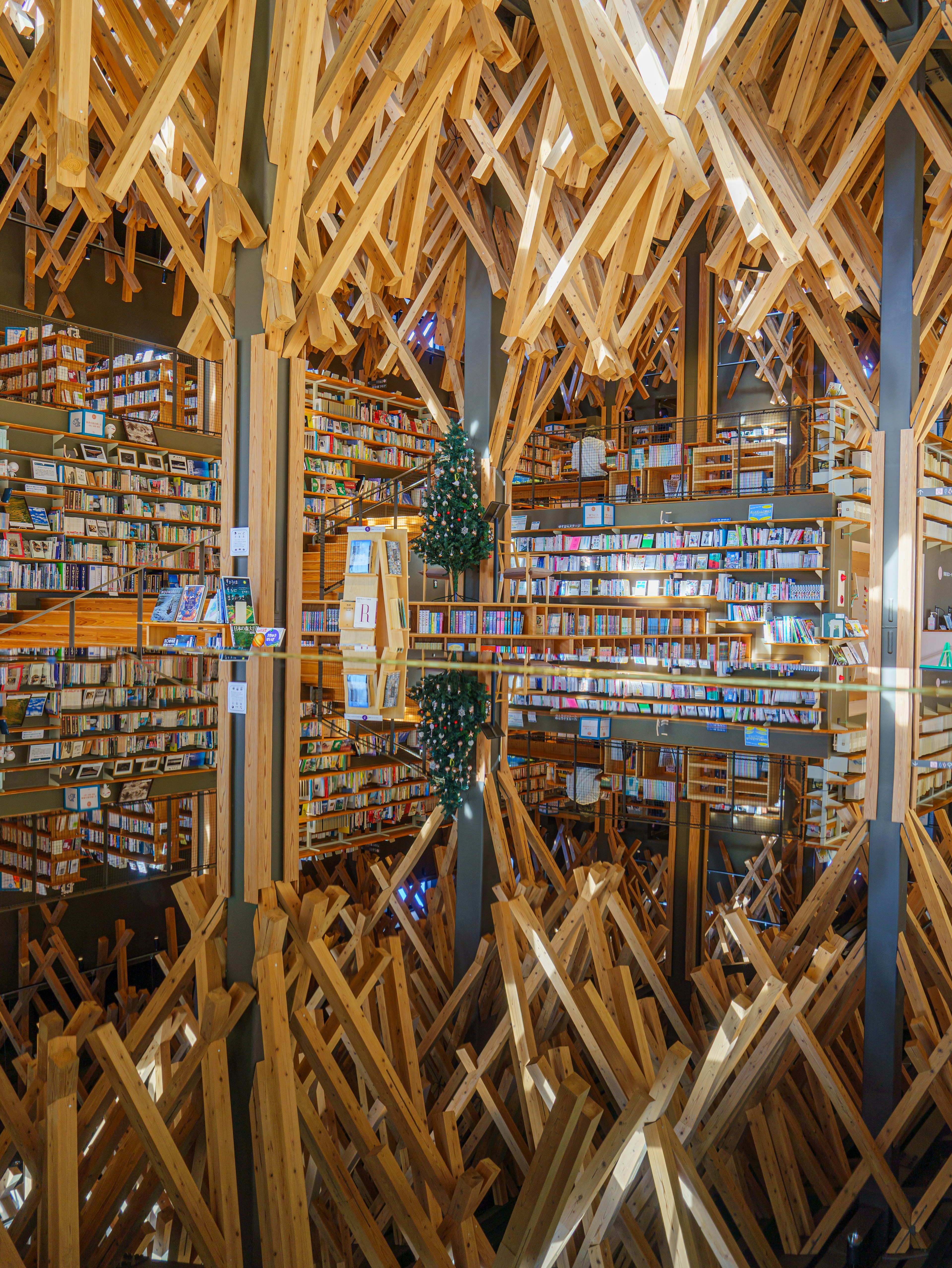 Innenansicht einer Bibliothek mit auffälliger Holzarchitektur, Regalen und einem Weihnachtsbaum