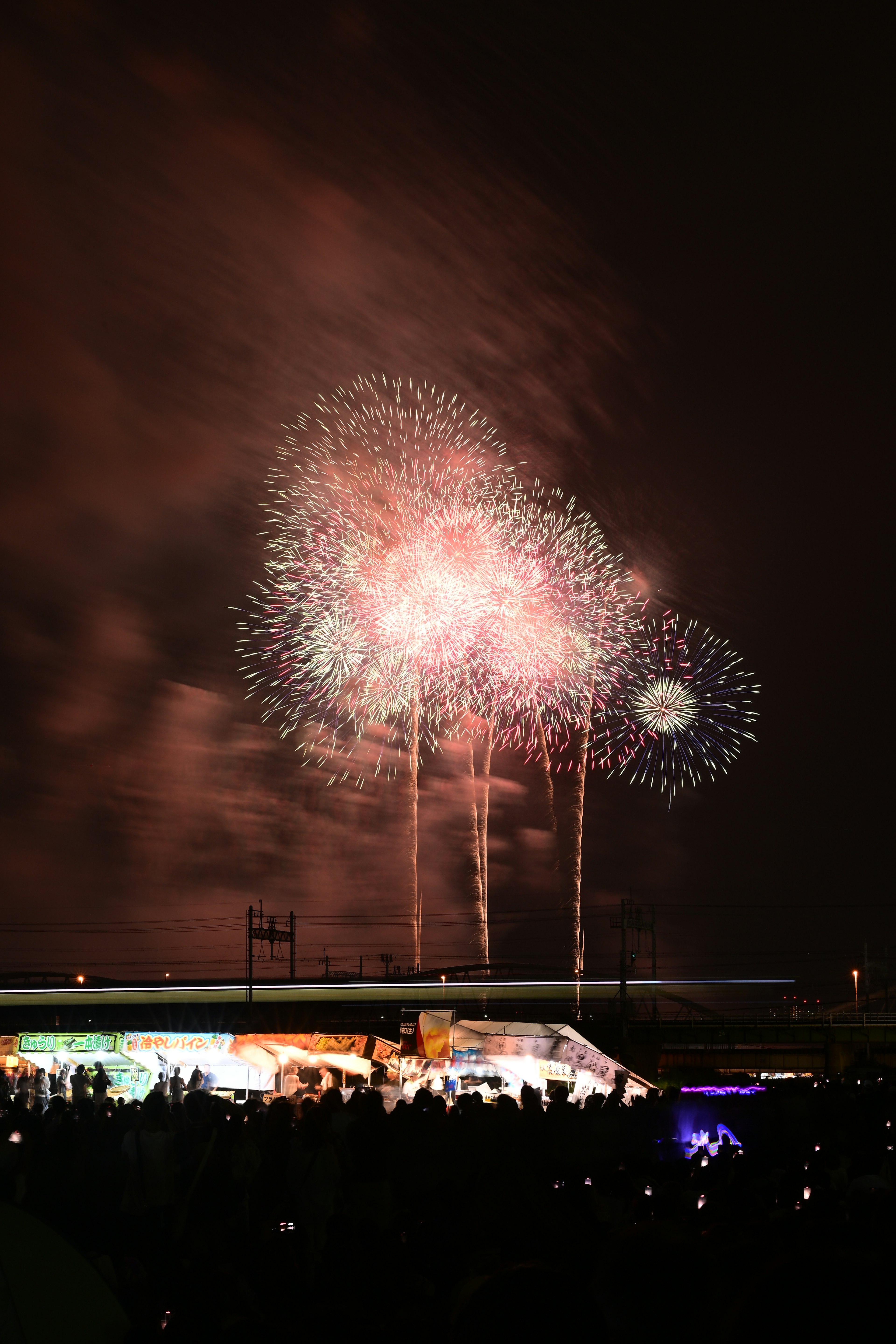 Fuochi d'artificio che illuminano il cielo notturno con spettatori in silhouette