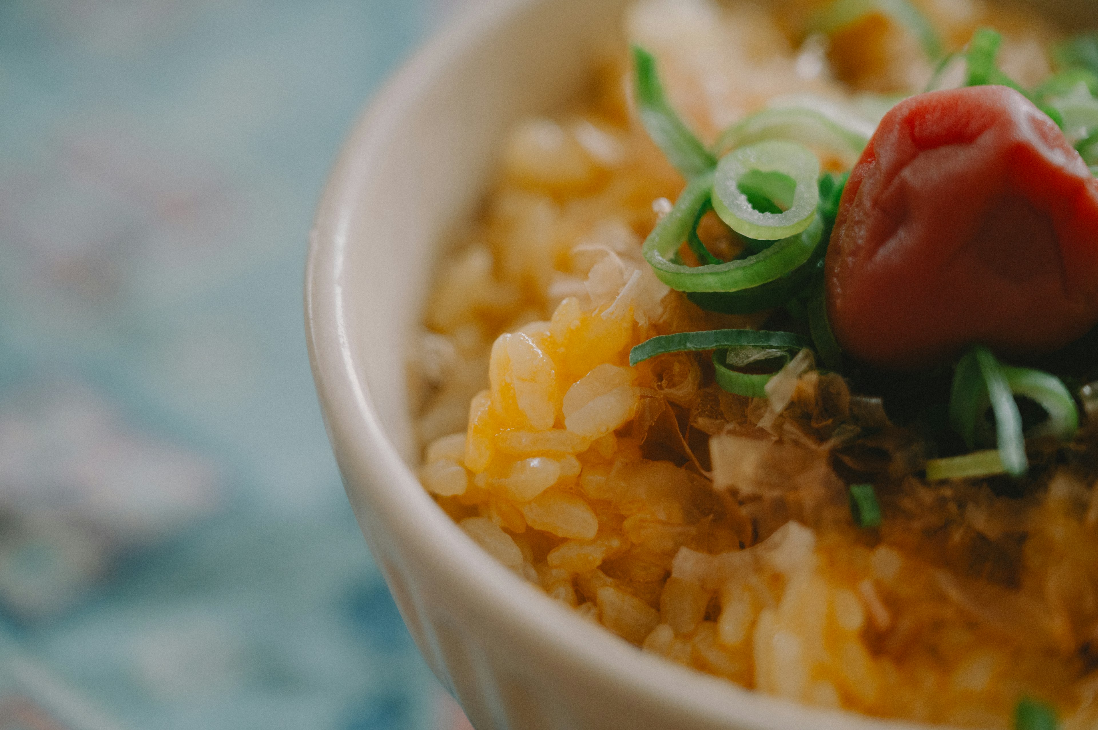 Close-up of rice topped with green onions and a pickled plum