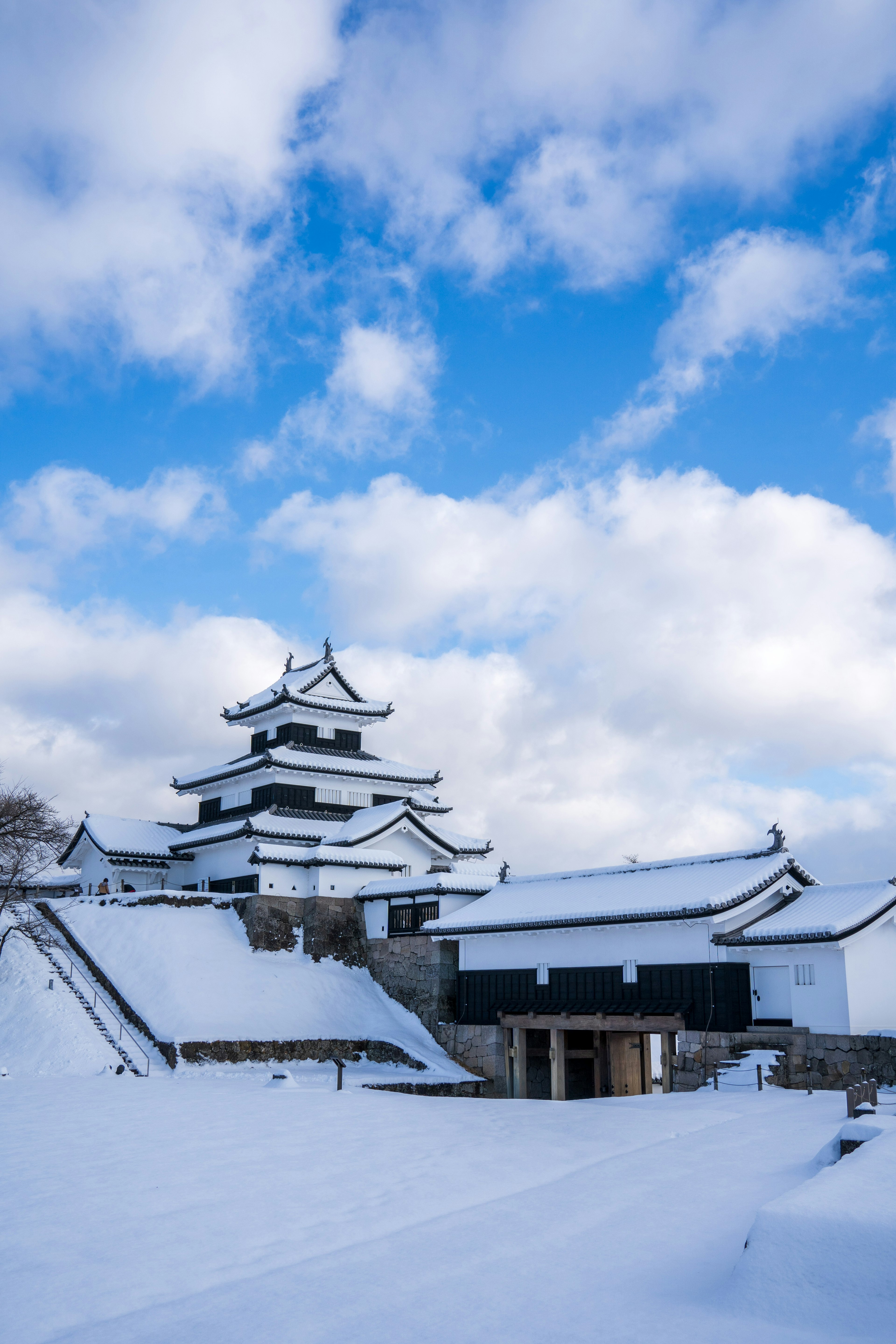 Un hermoso castillo cubierto de nieve con un cielo azul