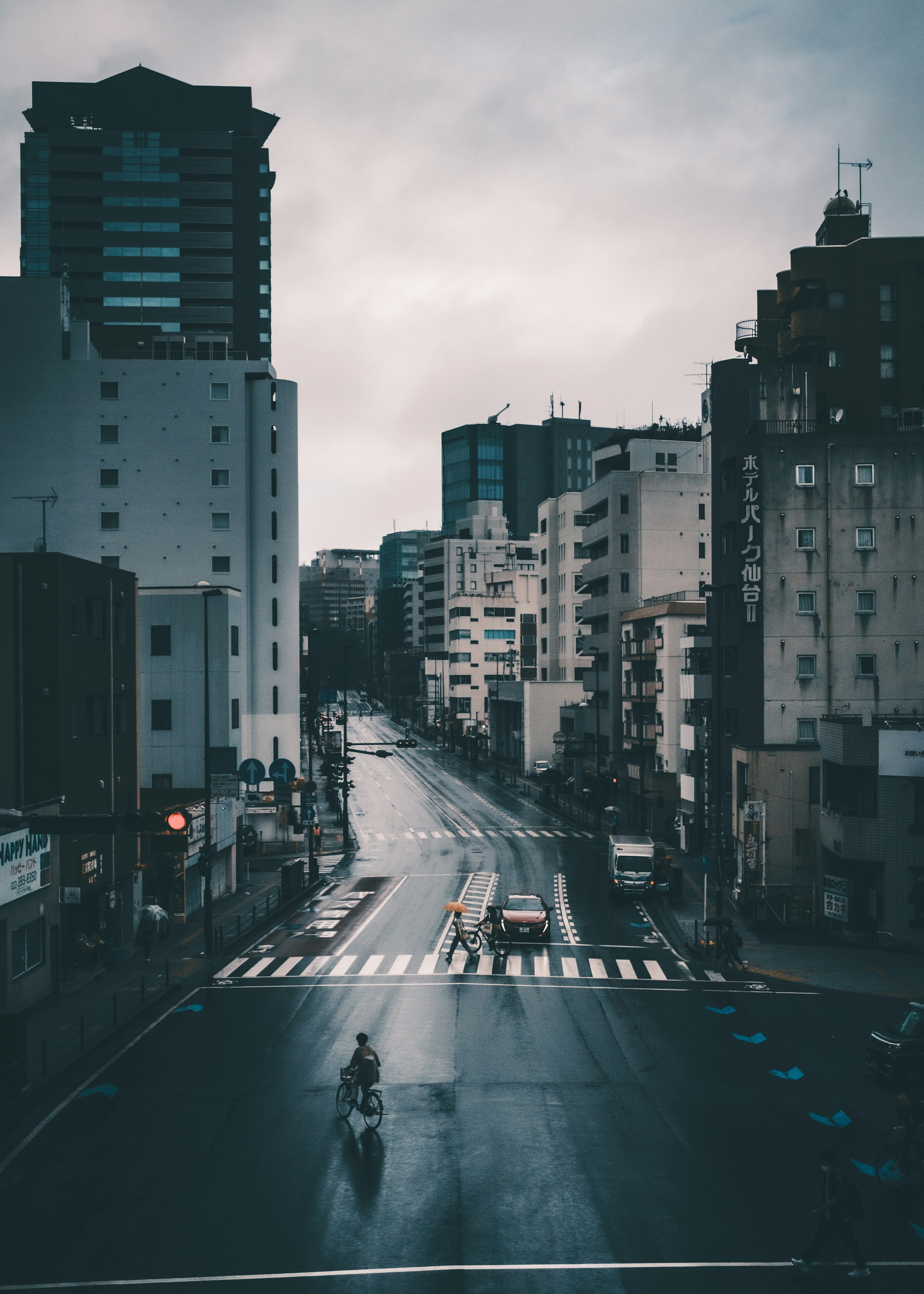 Urban street view after rain with tall buildings and crosswalk