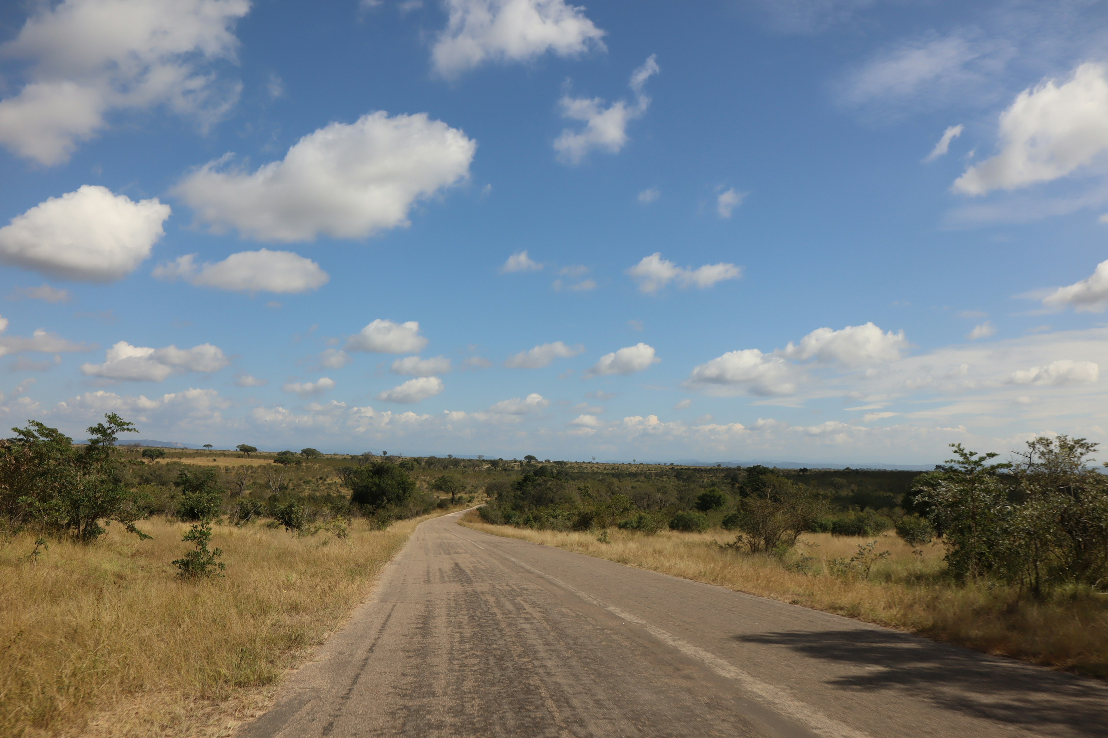 Scenic rural road with blue sky and fluffy white clouds