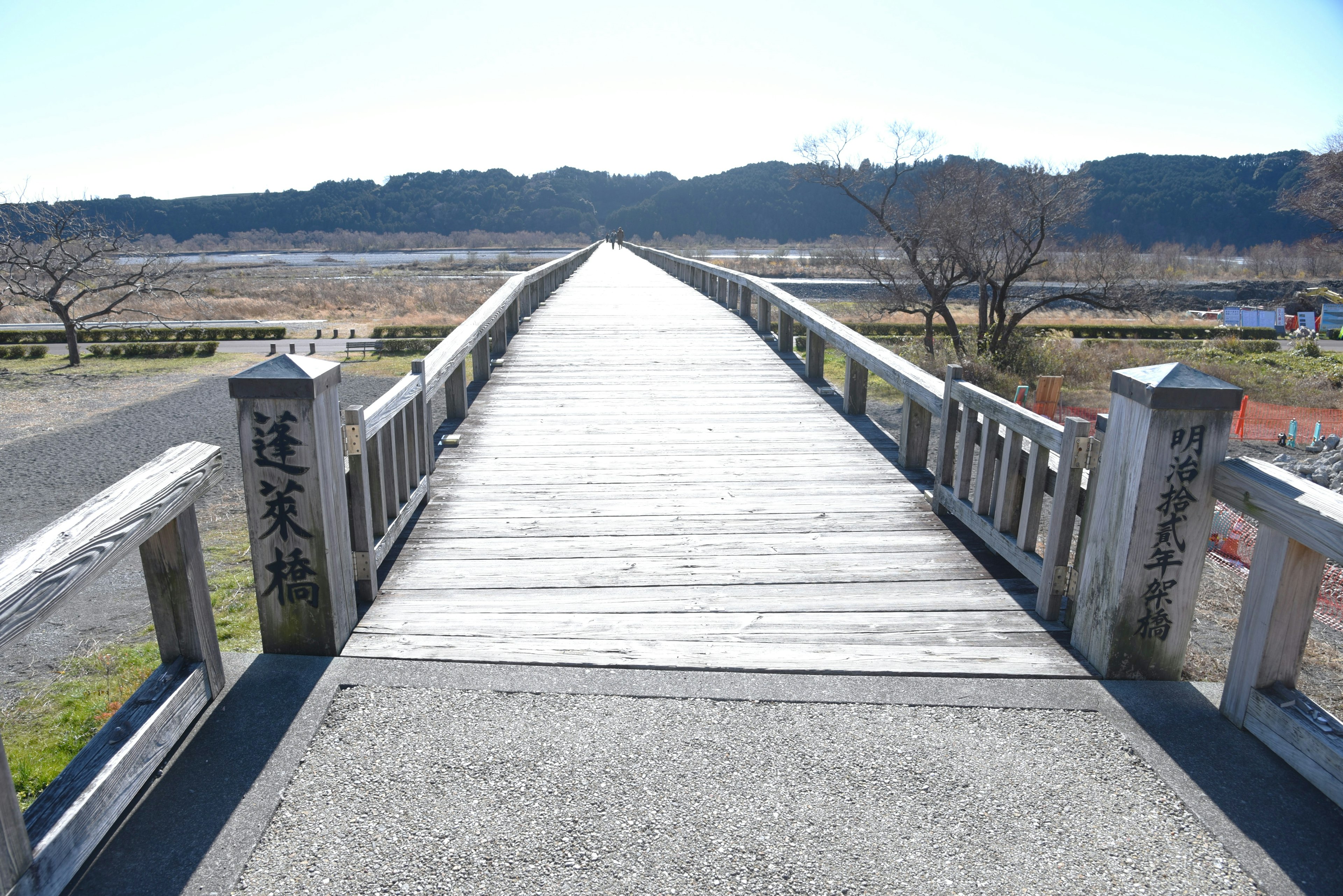 Ponte in legno che si estende in un paesaggio con natura sullo sfondo