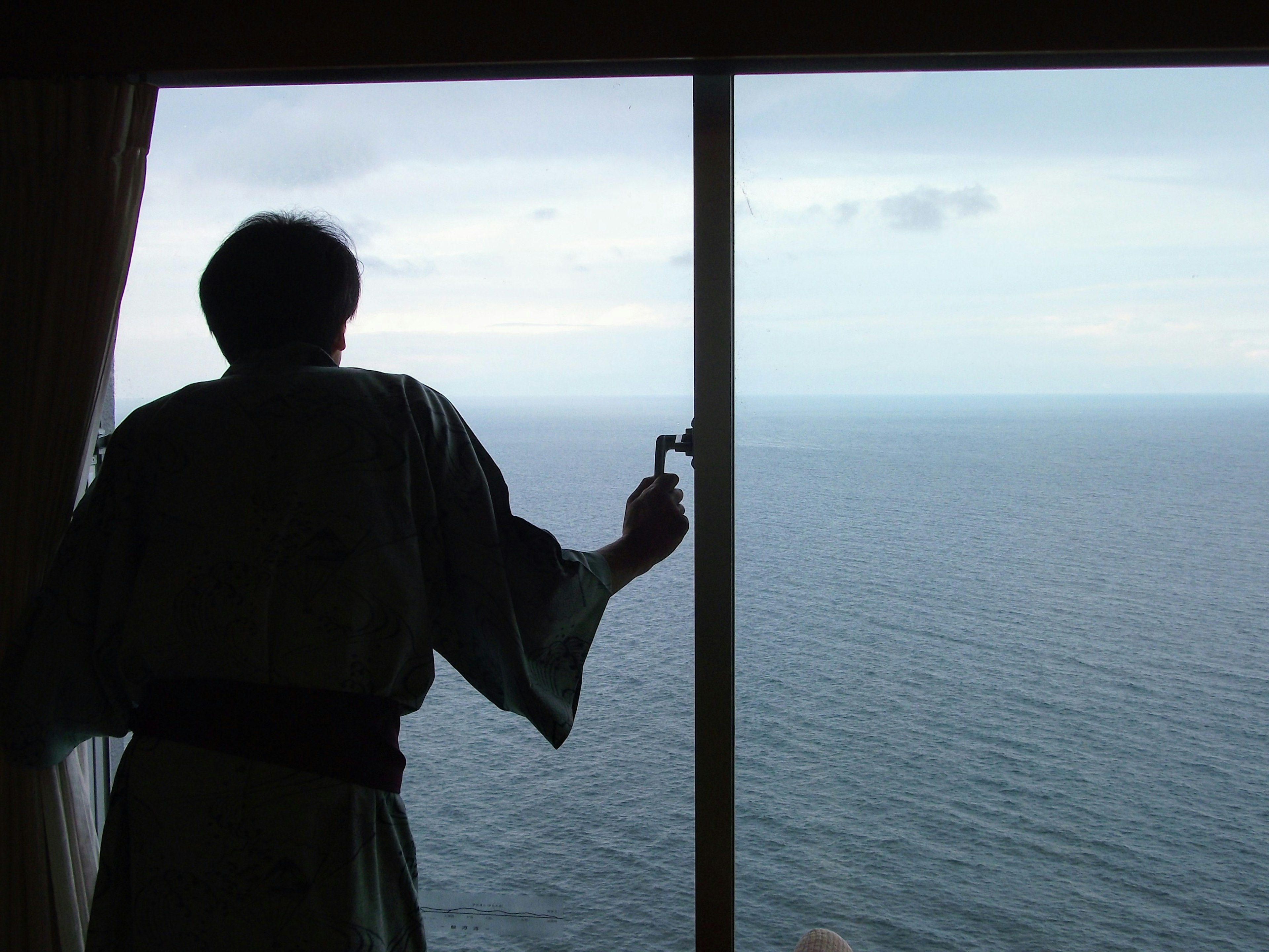 A person looking out at the sea from a window