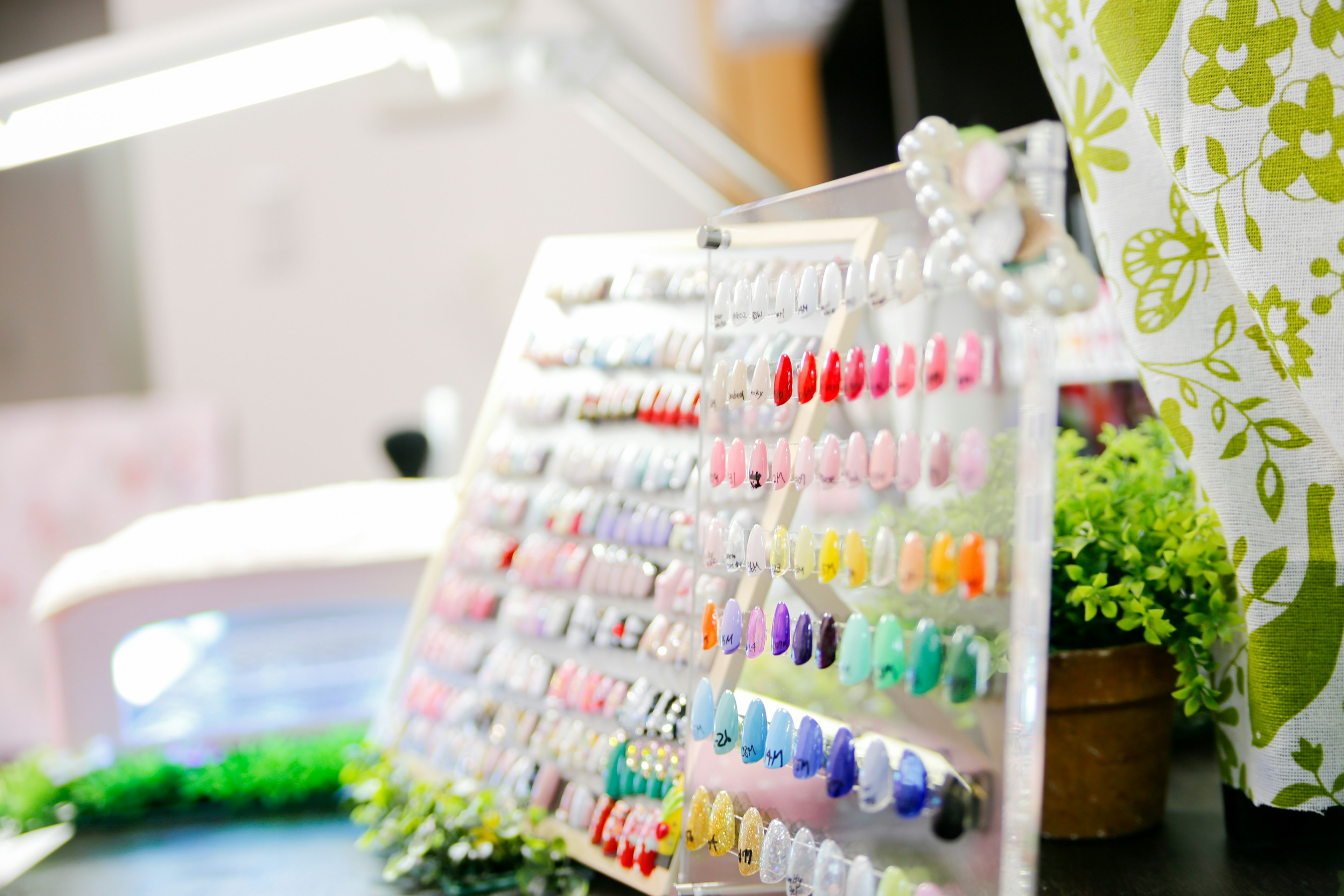 Display of colorful nail samples with a small plant in a nail salon setting