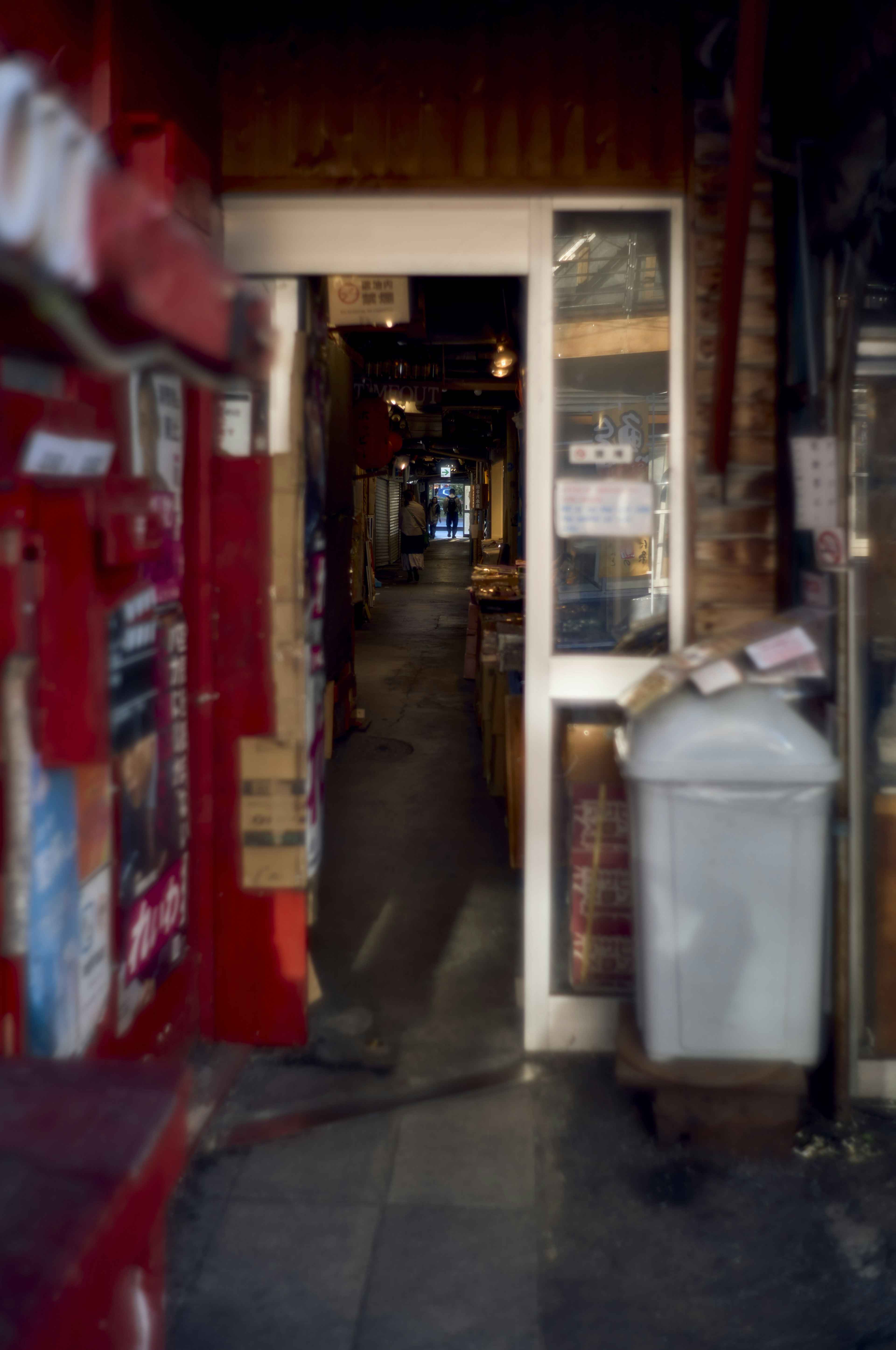 Entrada a un pasaje estrecho con una puerta blanca y paredes rojas de tiendas