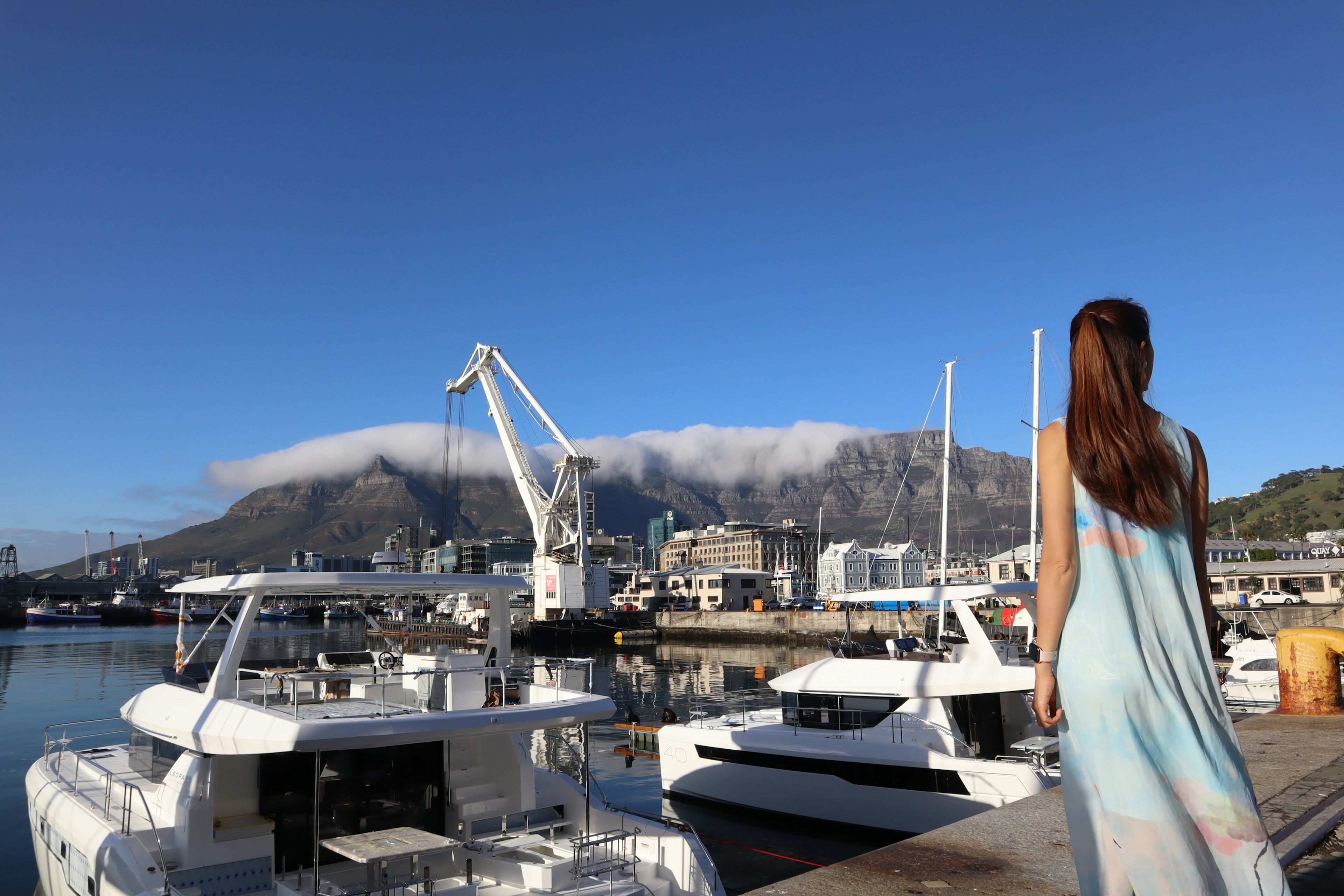 Frau in leichtem Kleid, die Yachten und Berge im Hafen betrachtet