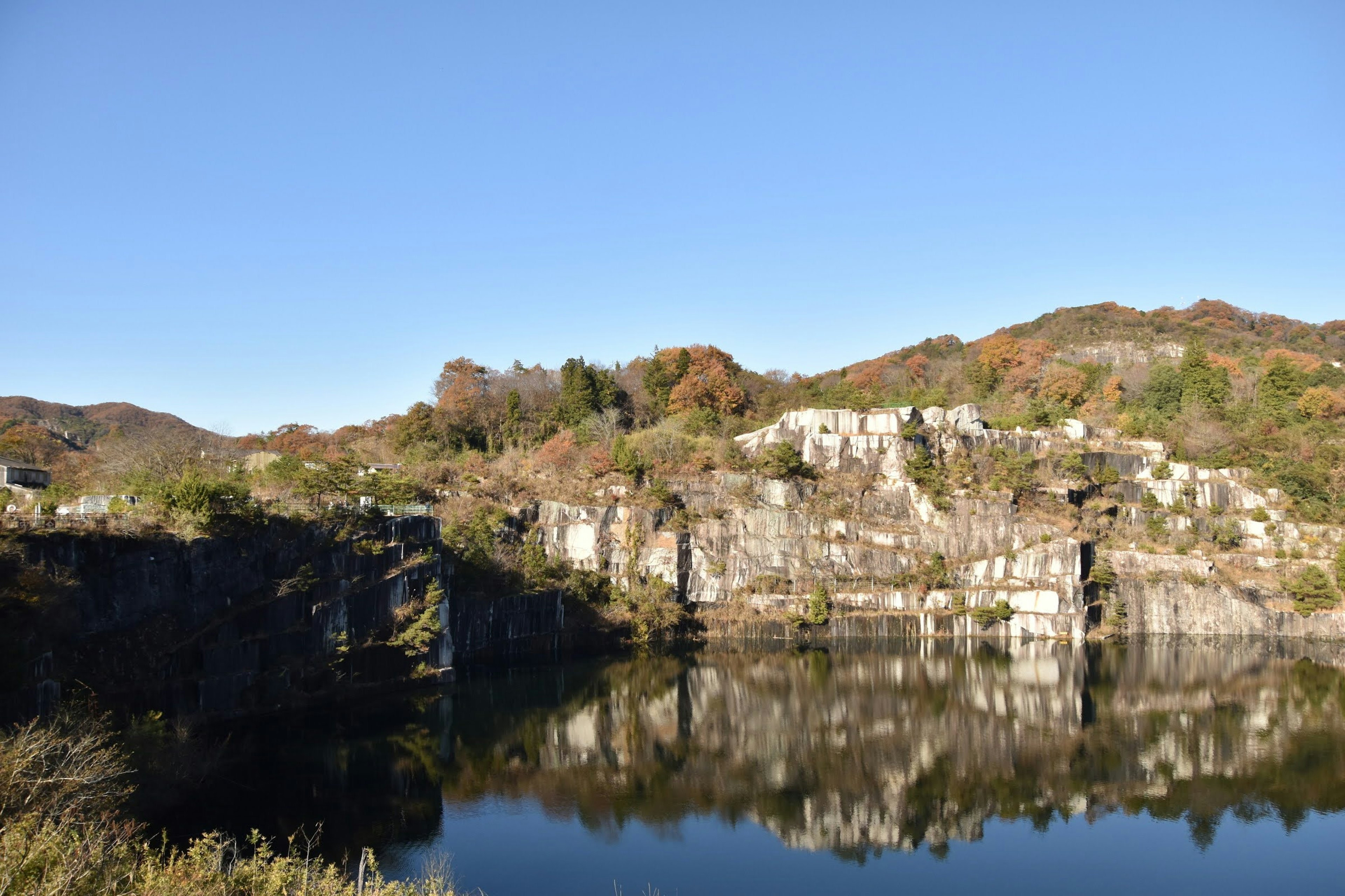 Vue pittoresque d'un lac calme reflétant des falaises rocheuses sous un ciel bleu clair