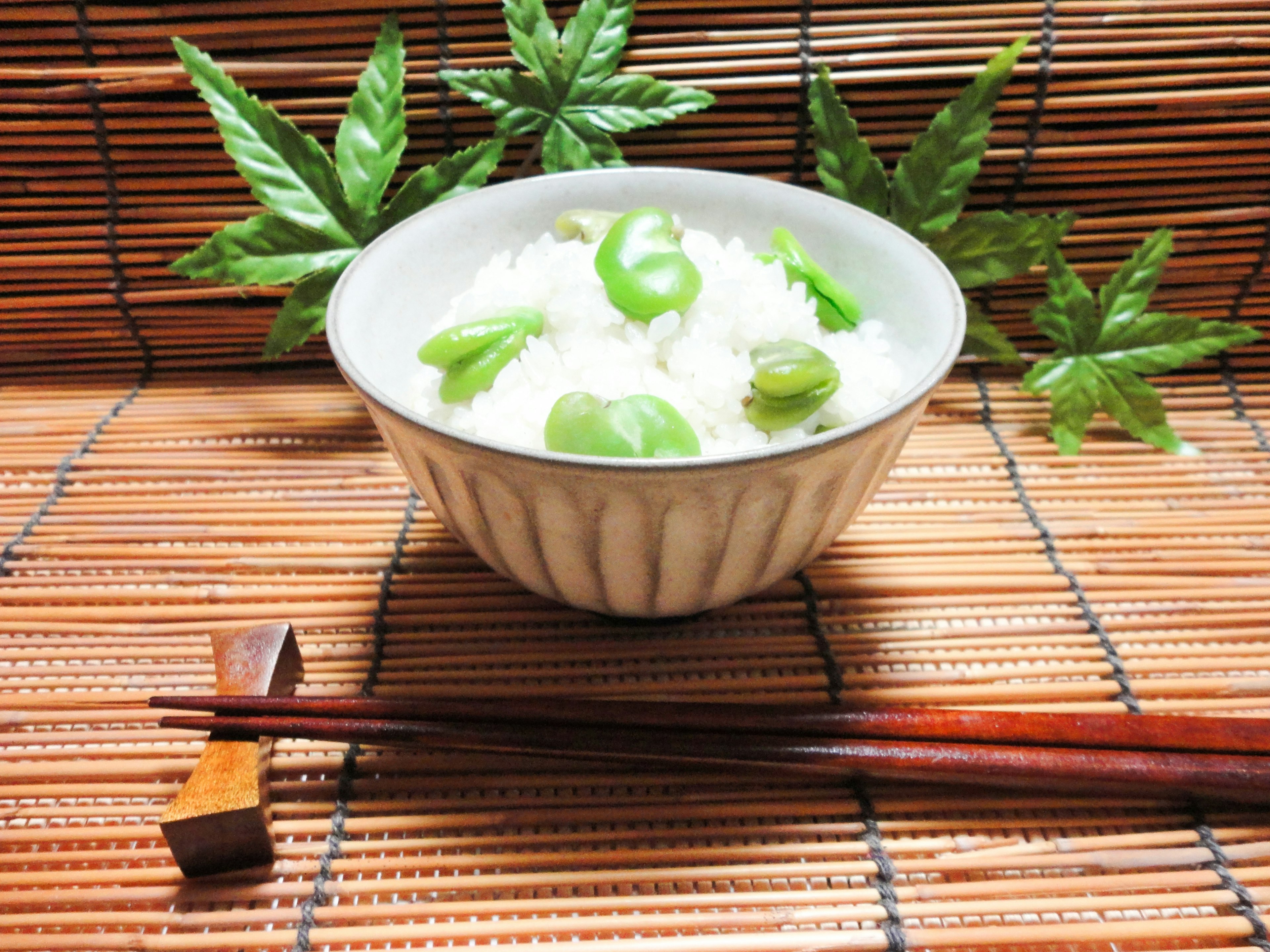 Bowl of white rice topped with green beans surrounded by decorative leaves