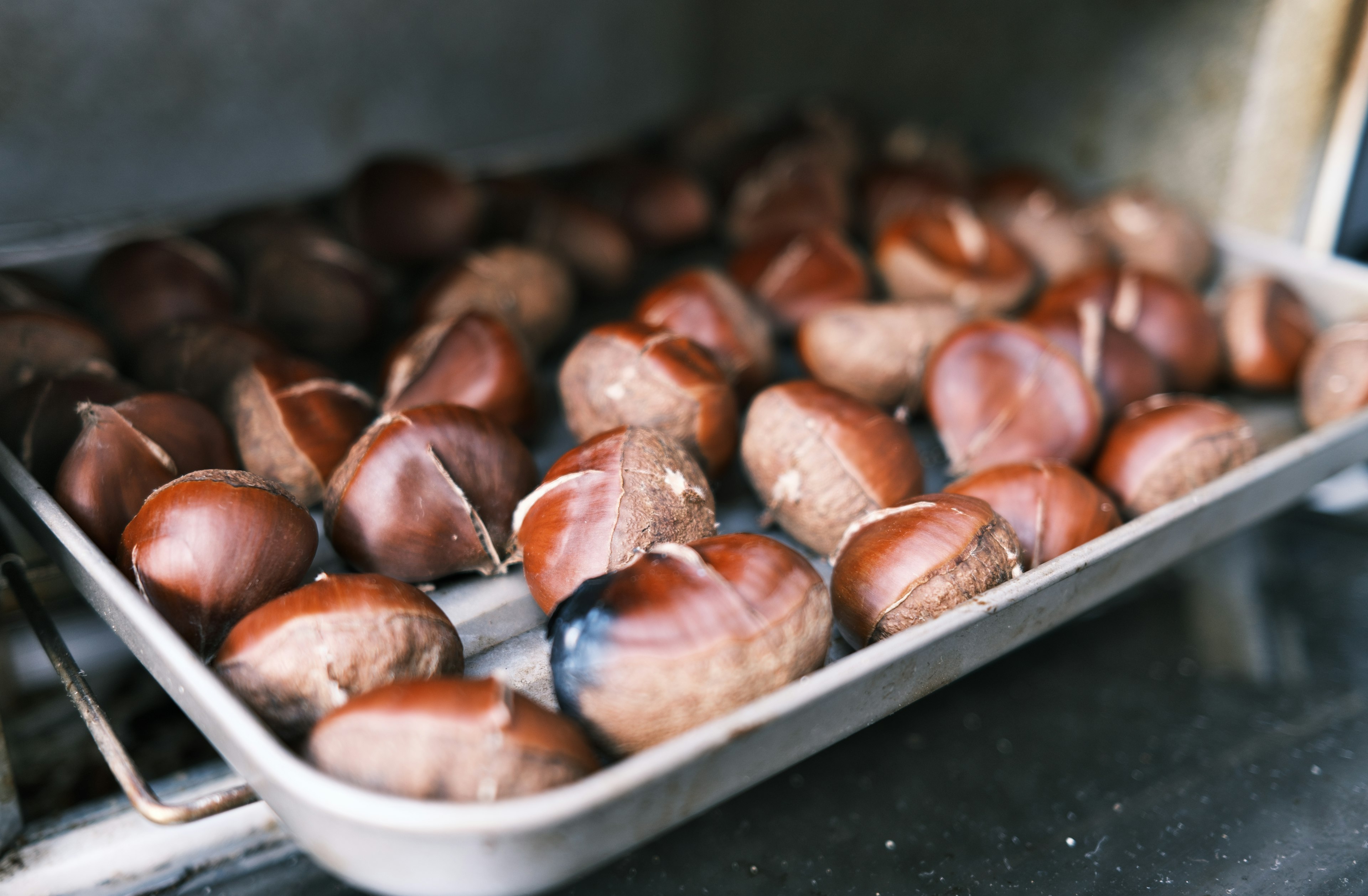 Tray of roasted chestnuts arranged neatly