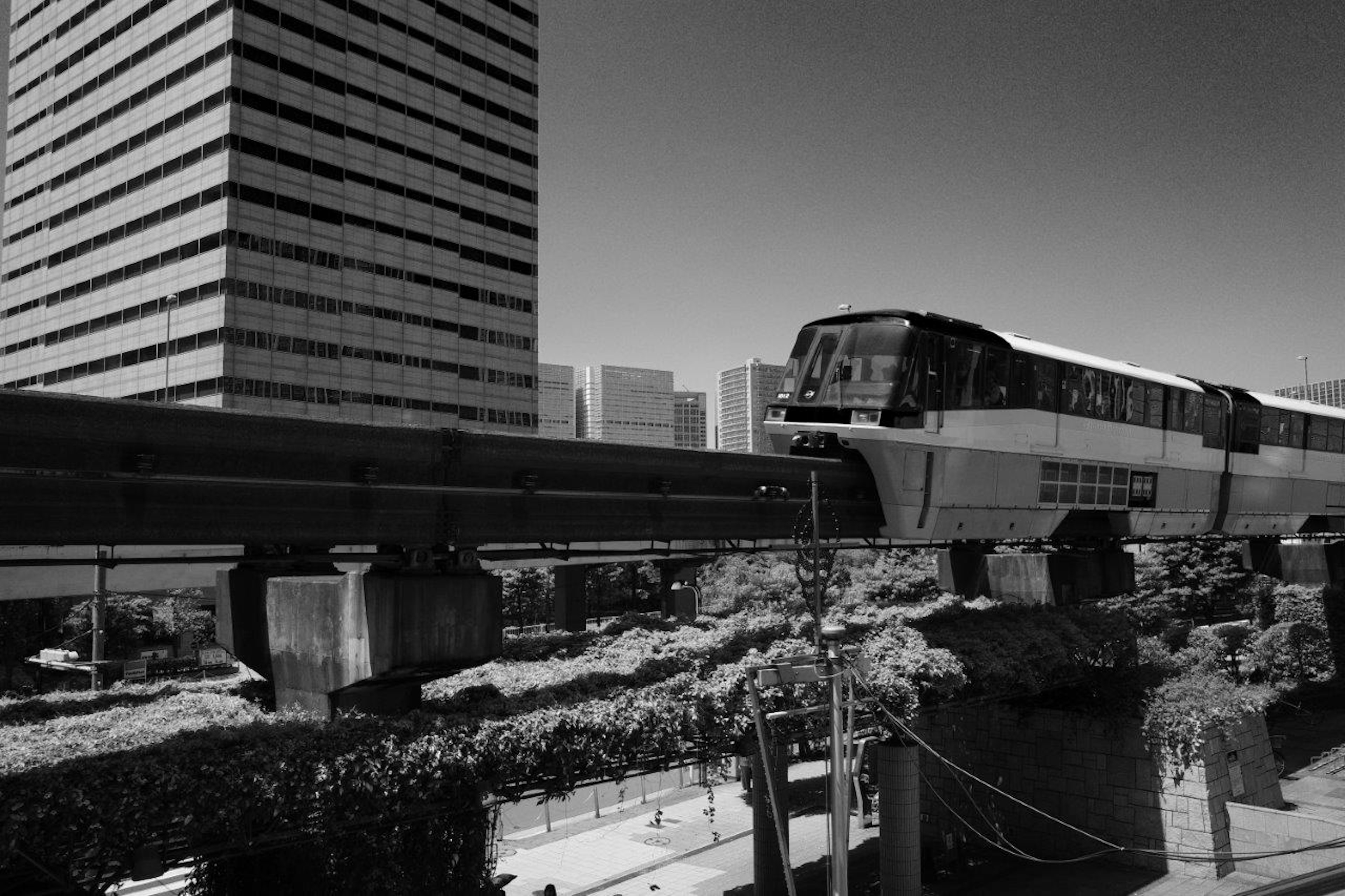 Monorail running between high-rise buildings in a black and white urban scene