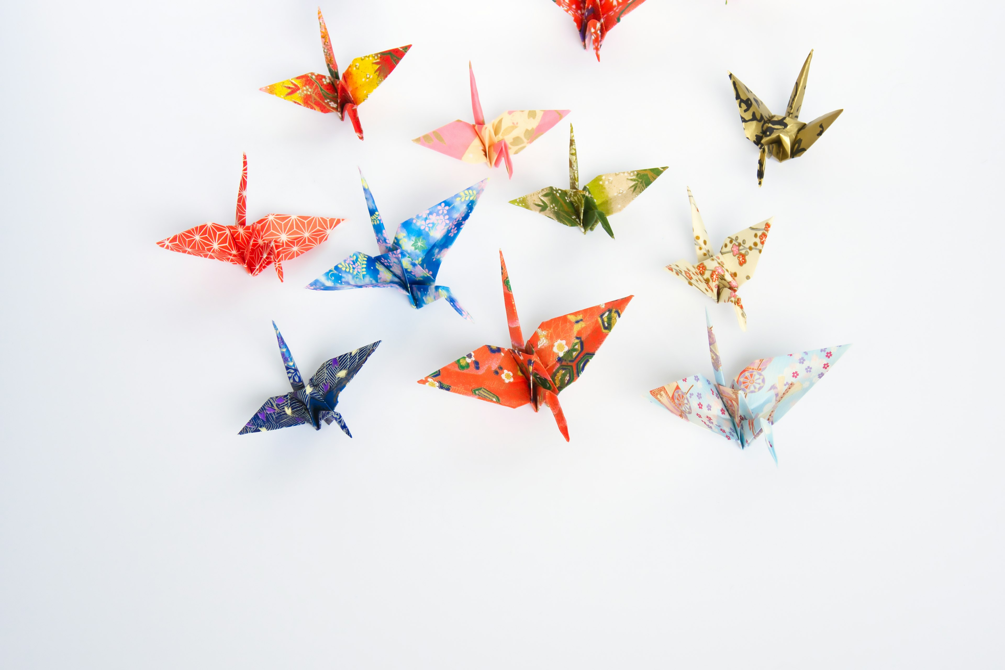 Colorful origami cranes flying against a white background