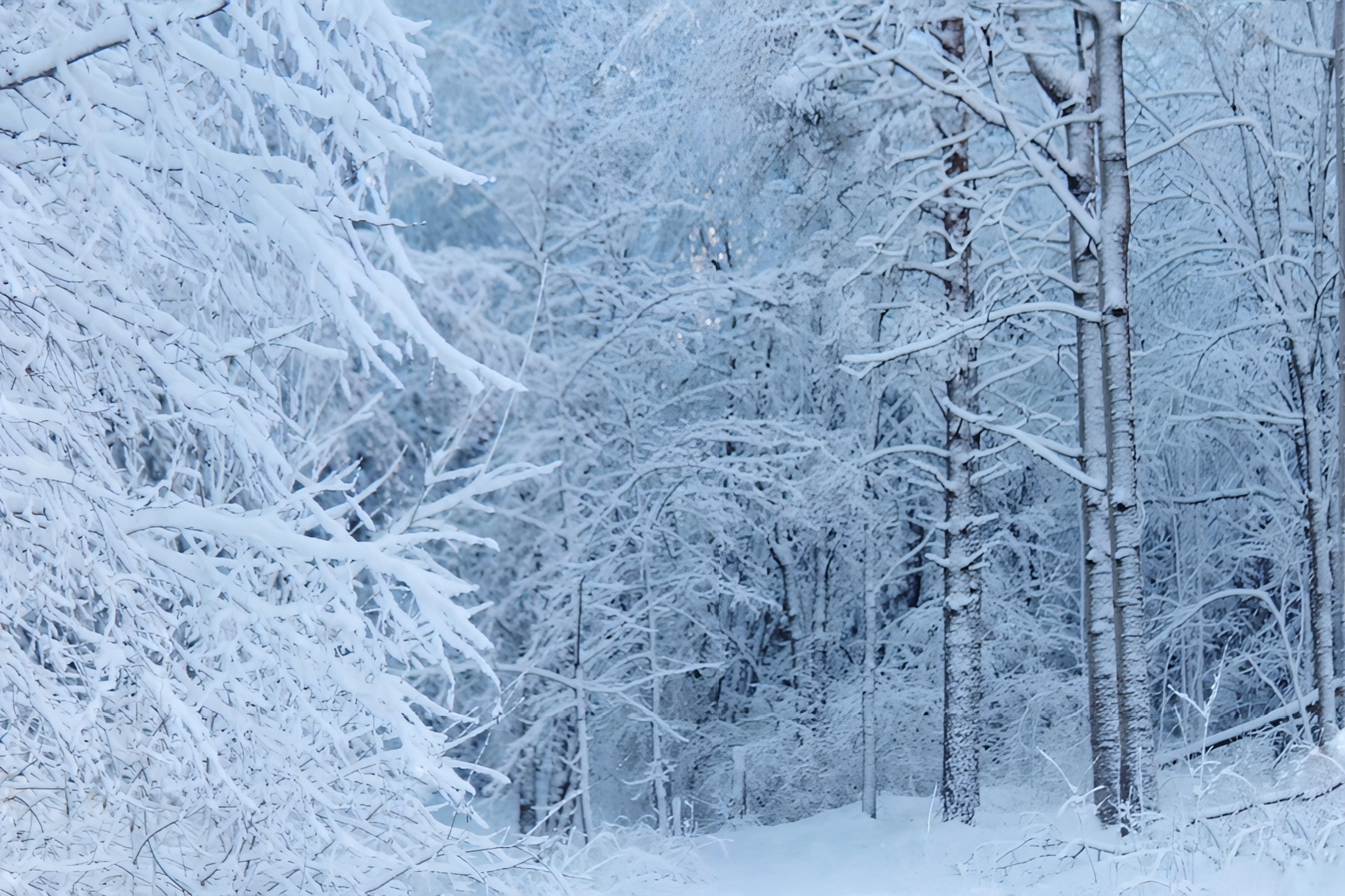 宁静的冬季景观，树木覆盖着雪