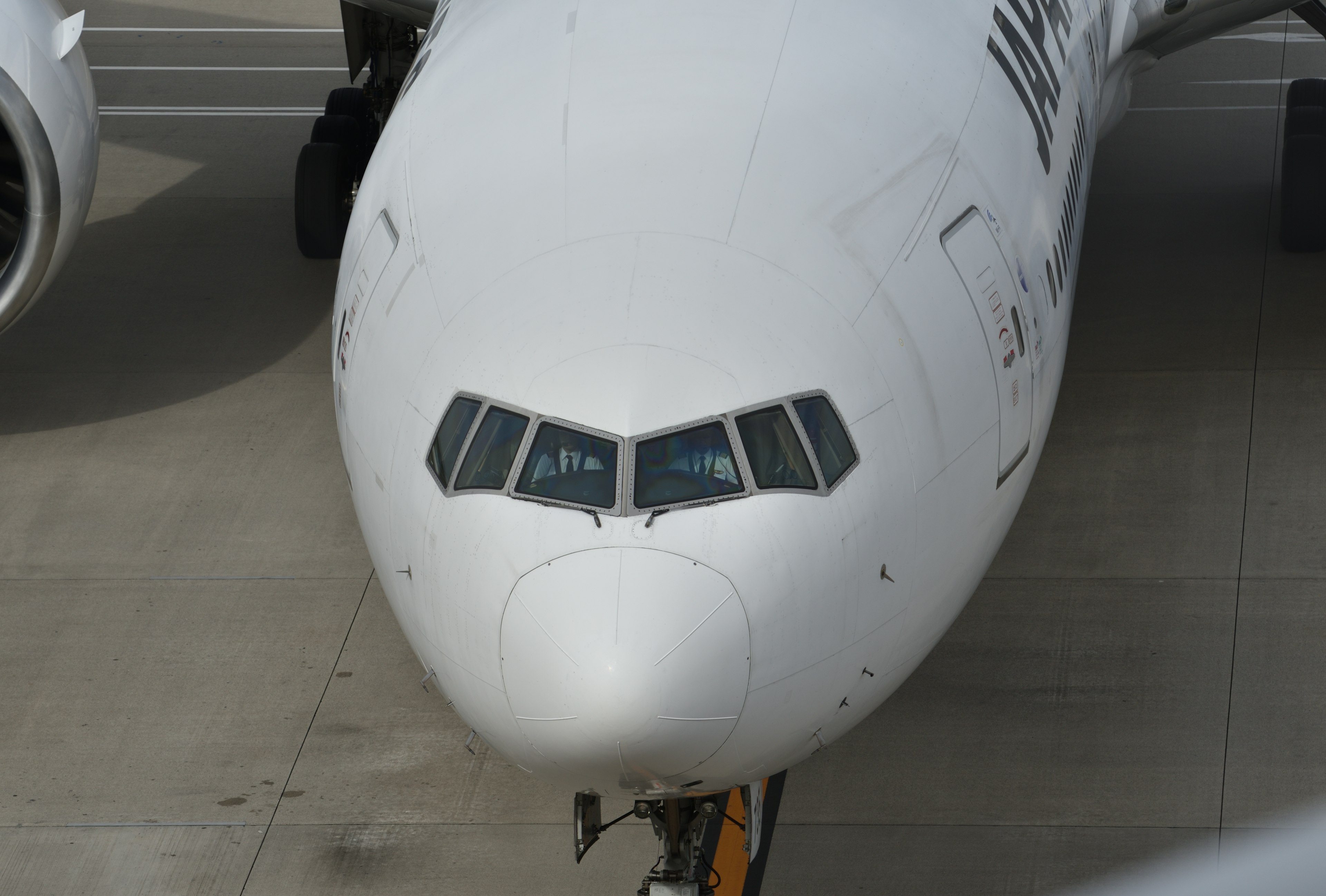 Close-up of an airplane's nose white body with distinctive windows