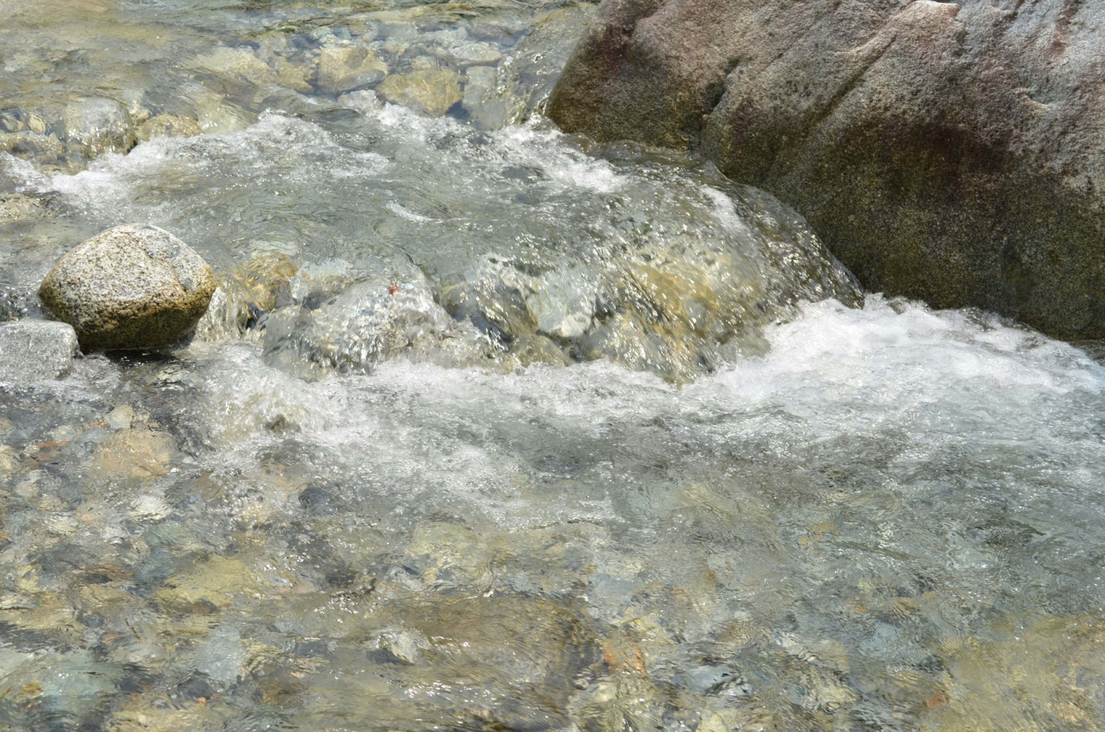 Un ruisseau clair coulant sur des rochers avec des galets visibles