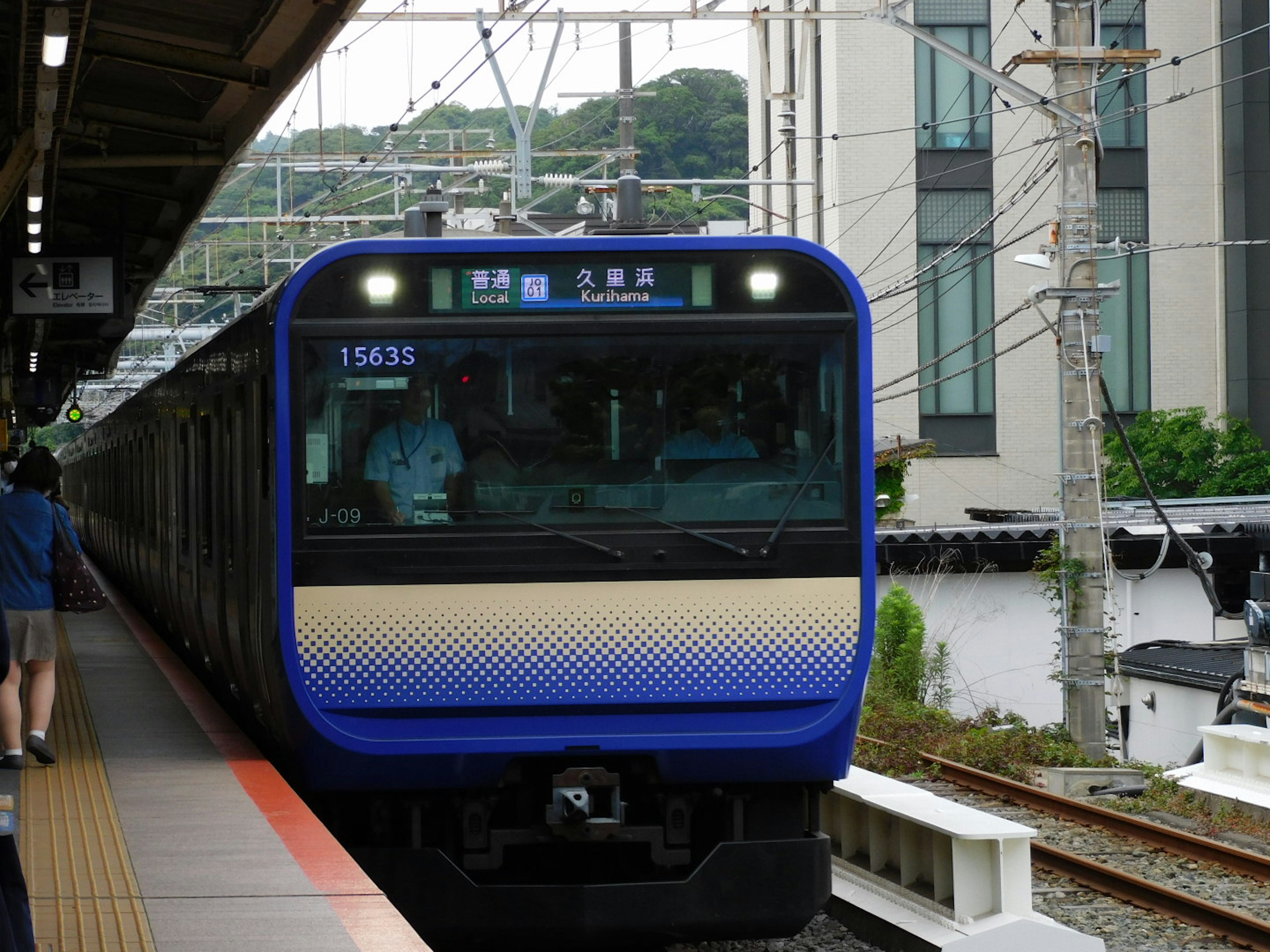 藍色火車停在車站，周圍有建築