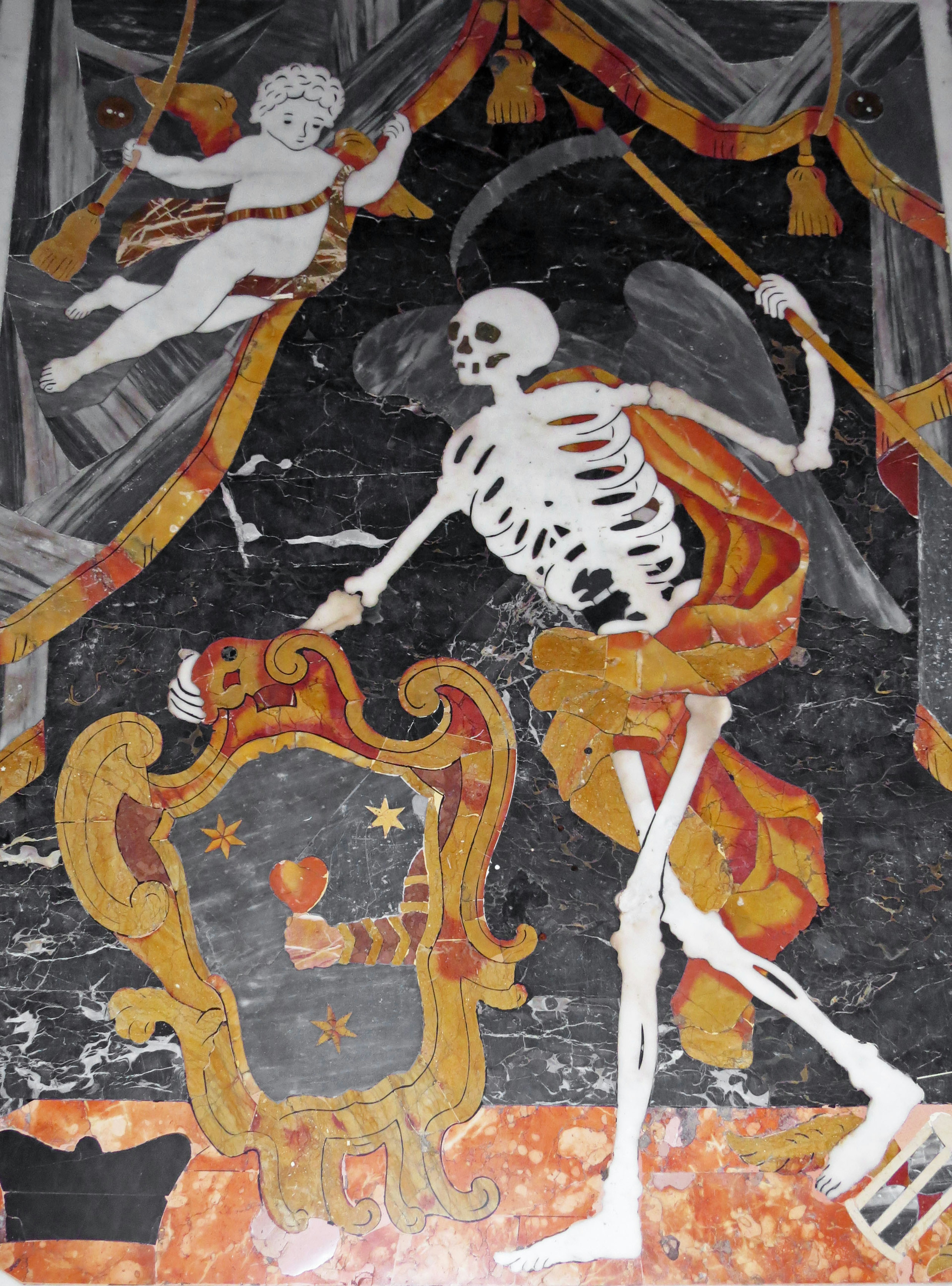 A skeletal figure of Death holding a shield facing an angel in a mural