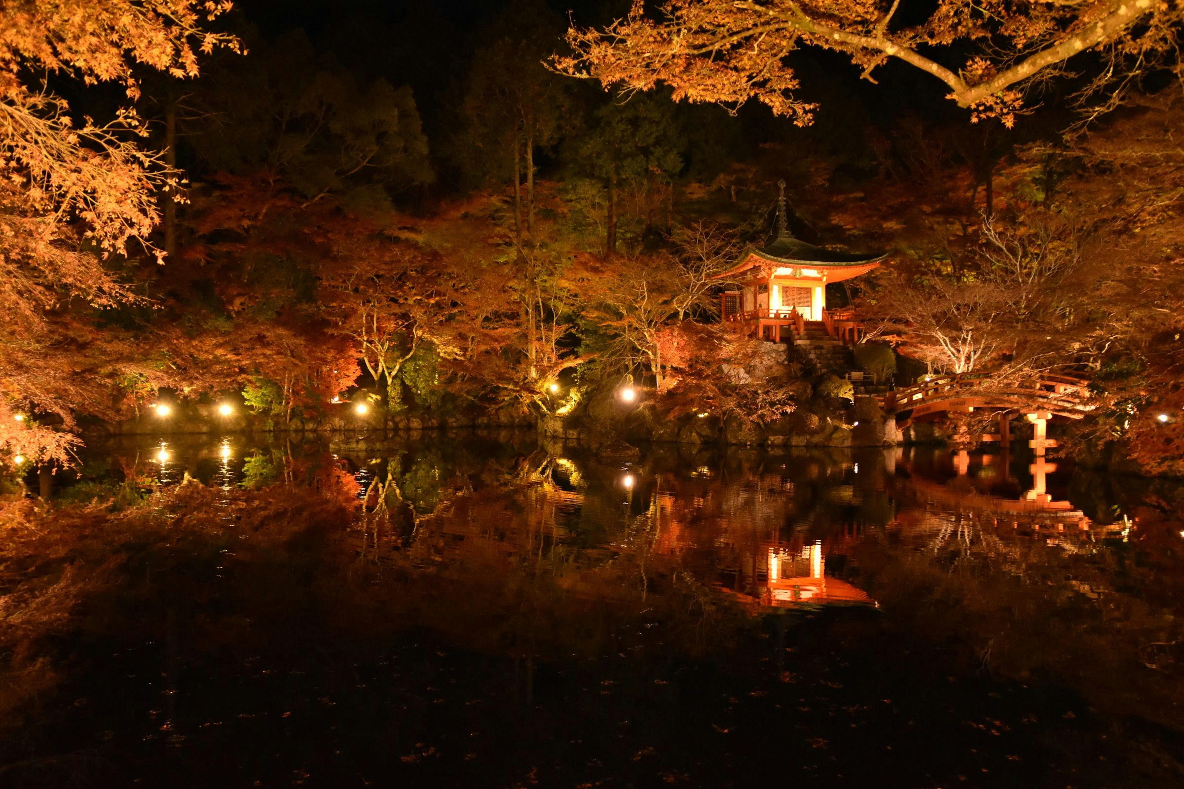 Jardín japonés de noche con hojas de otoño y luces