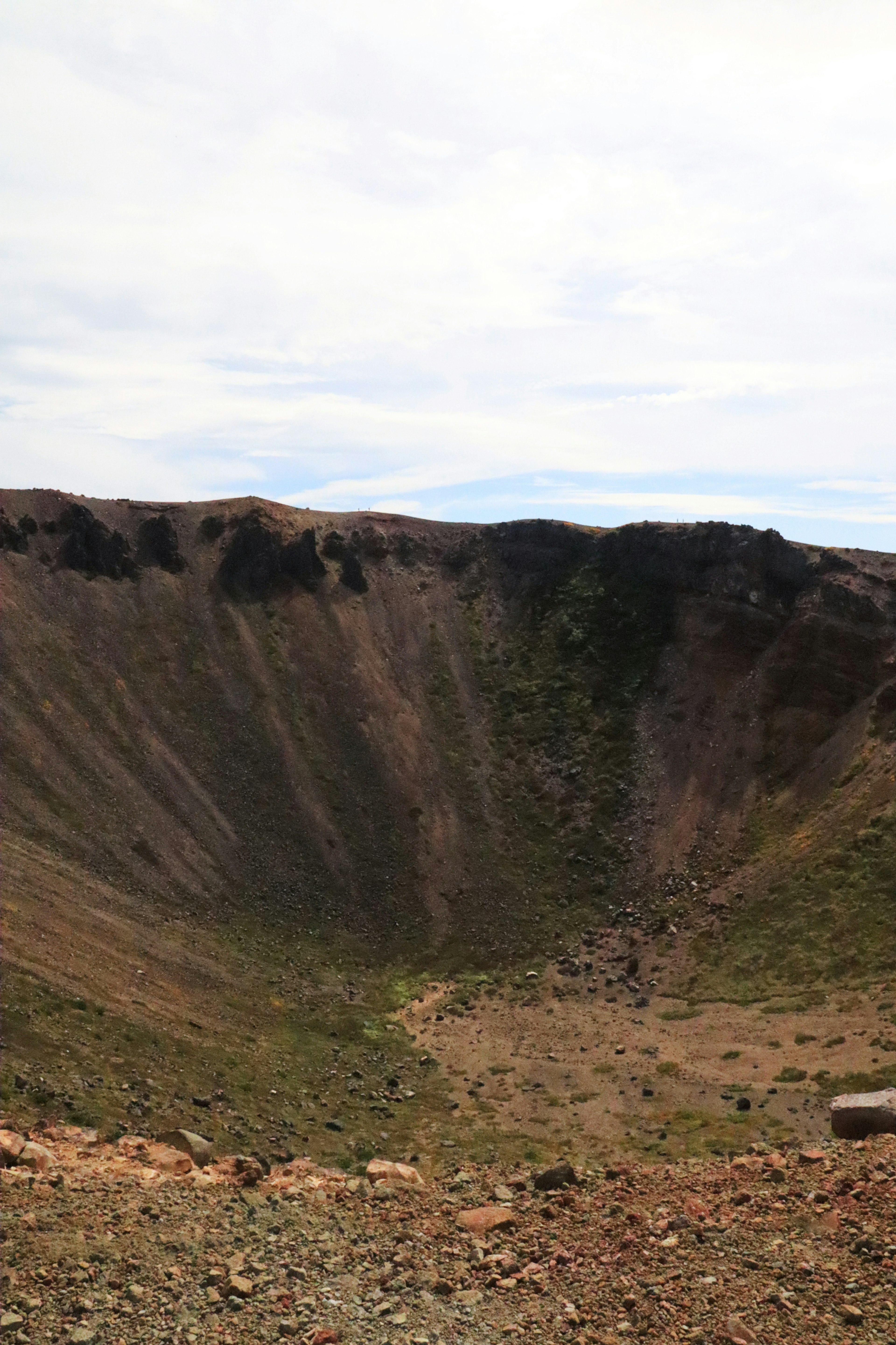 Wide view of a volcanic crater with scattered green grass