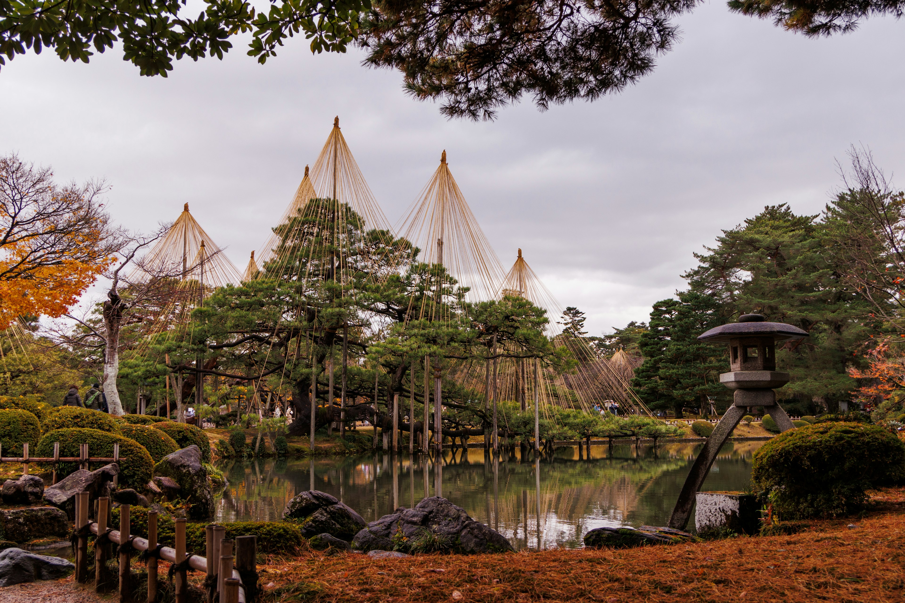 寧靜的秋季花園景觀，帶有池塘和傳統建築