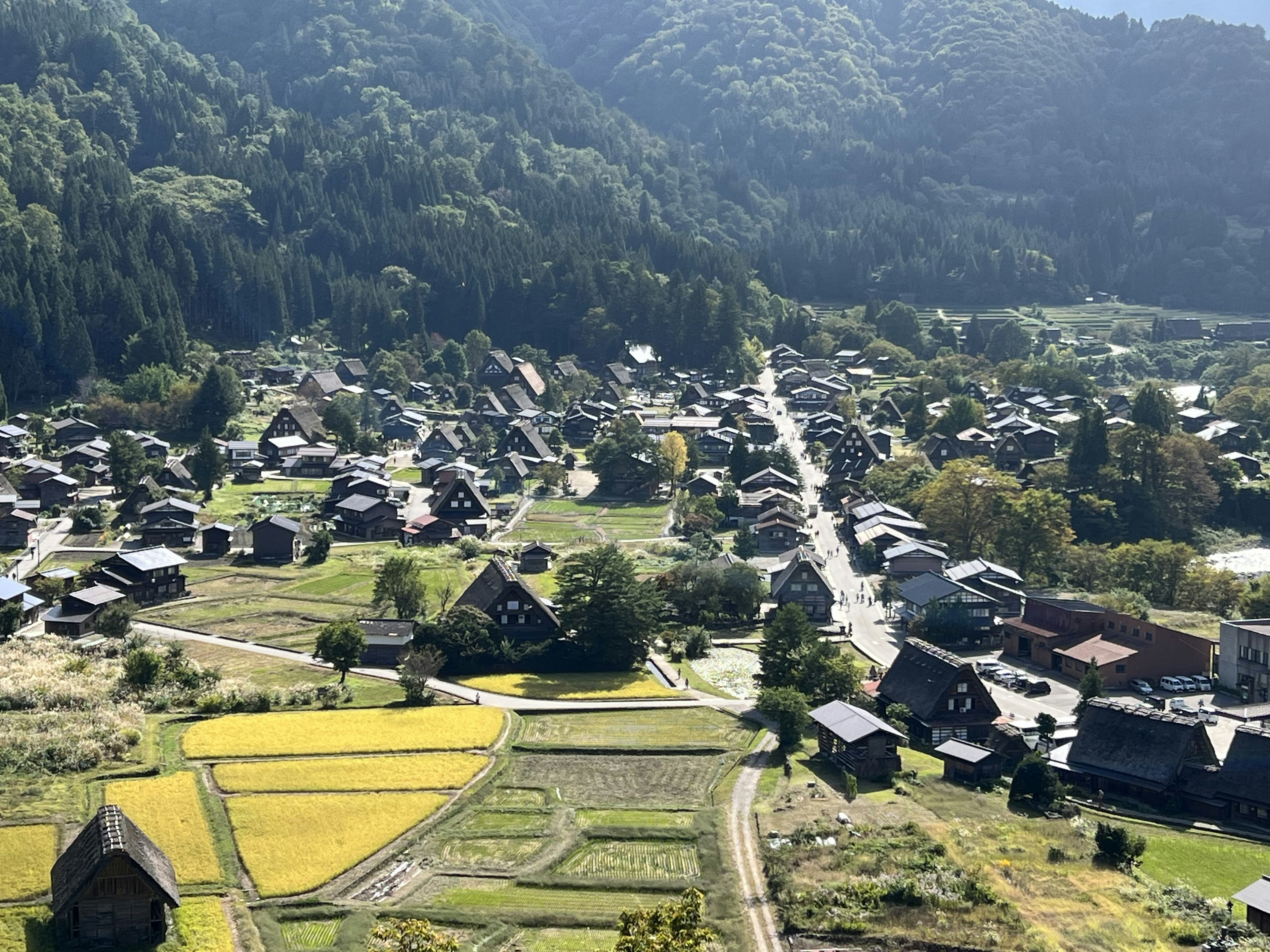 Aerial view of a rural village surrounded by mountains featuring traditional houses and green rice fields