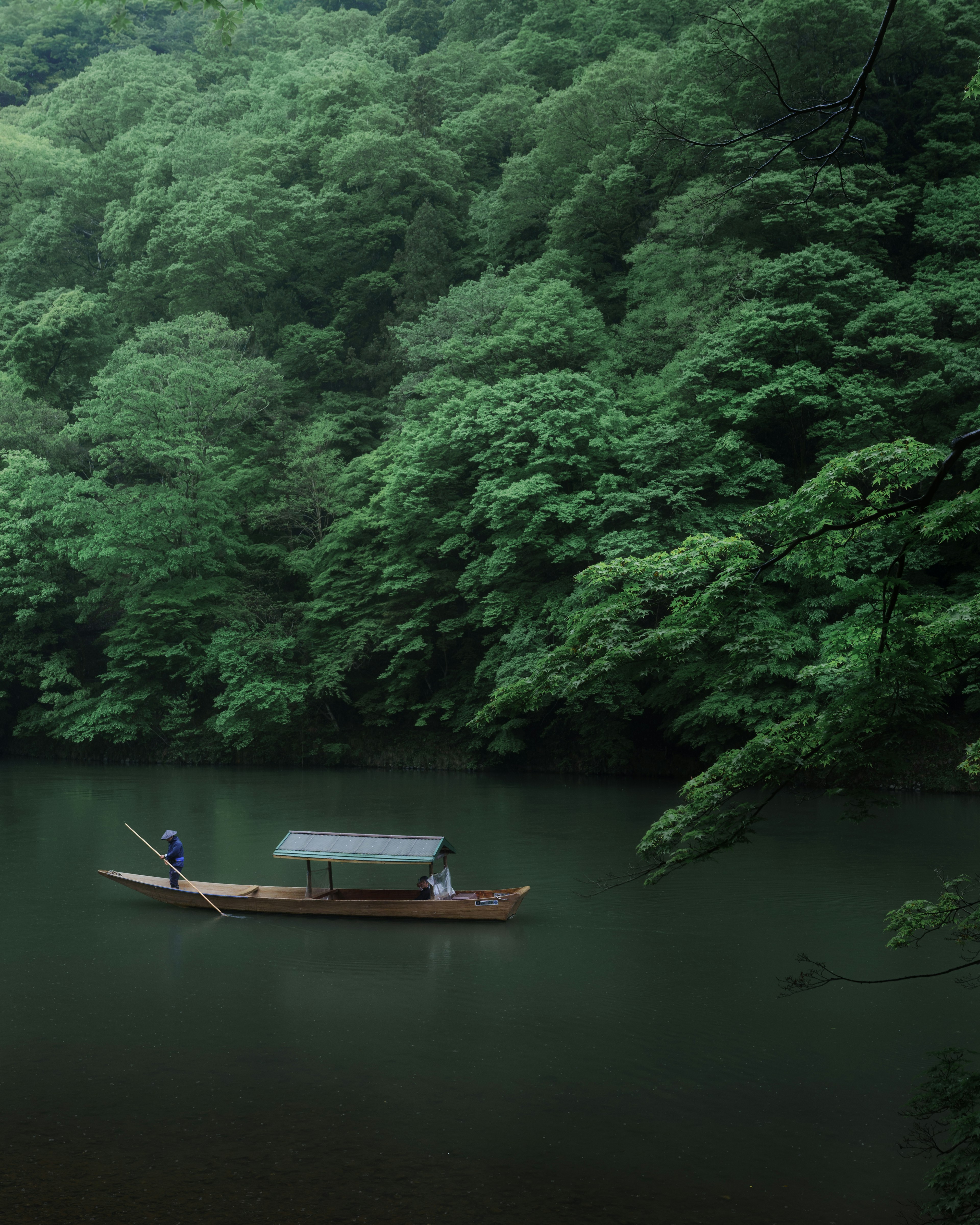 ทิวทัศน์เงียบสงบของเรือเล็กที่พายอยู่ในทะเลสาบที่เงียบสงบล้อมรอบด้วยป่าเขียวชอุ่ม