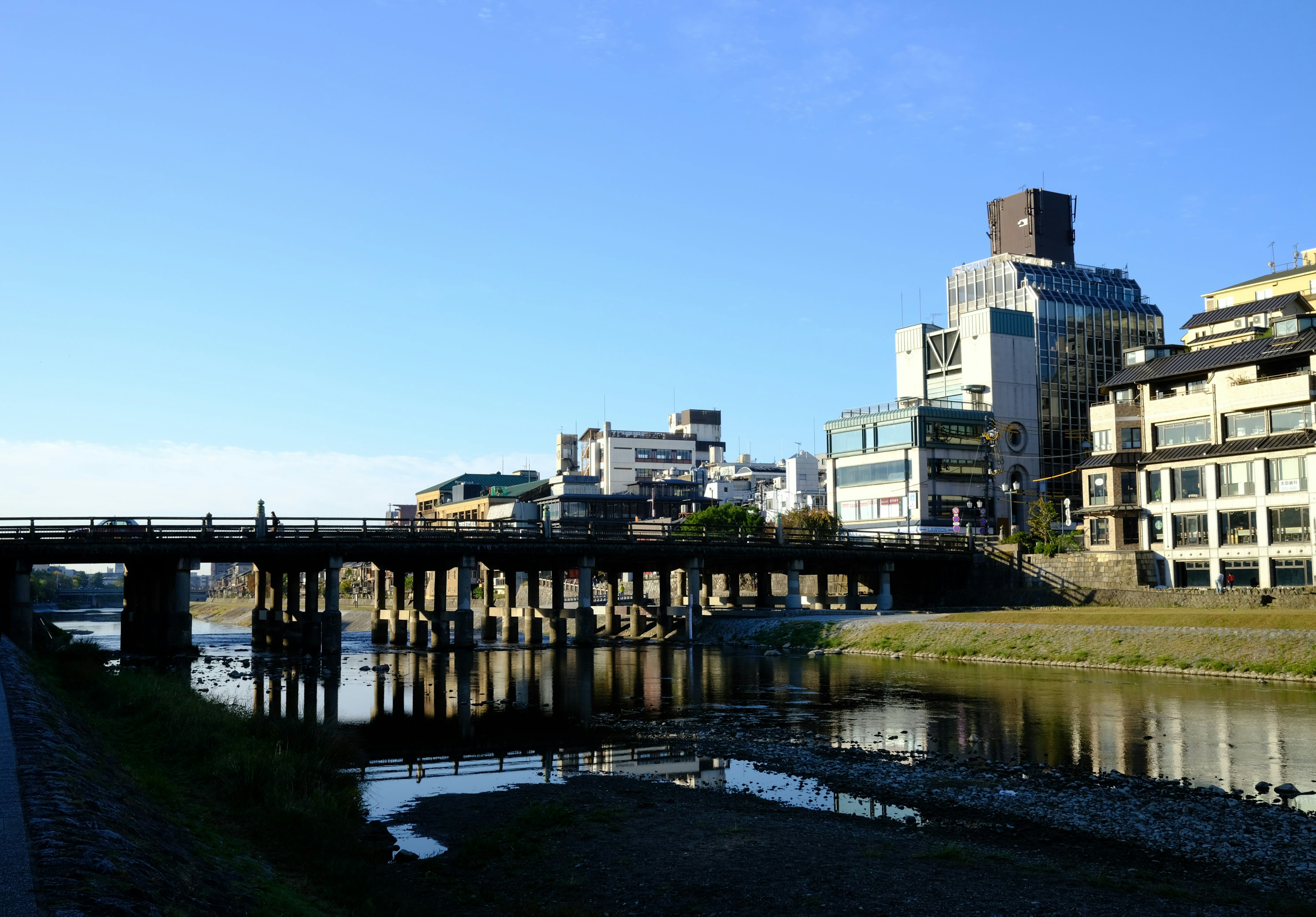 Vue pittoresque d'une rivière avec un pont et des bâtiments sous un ciel bleu clair