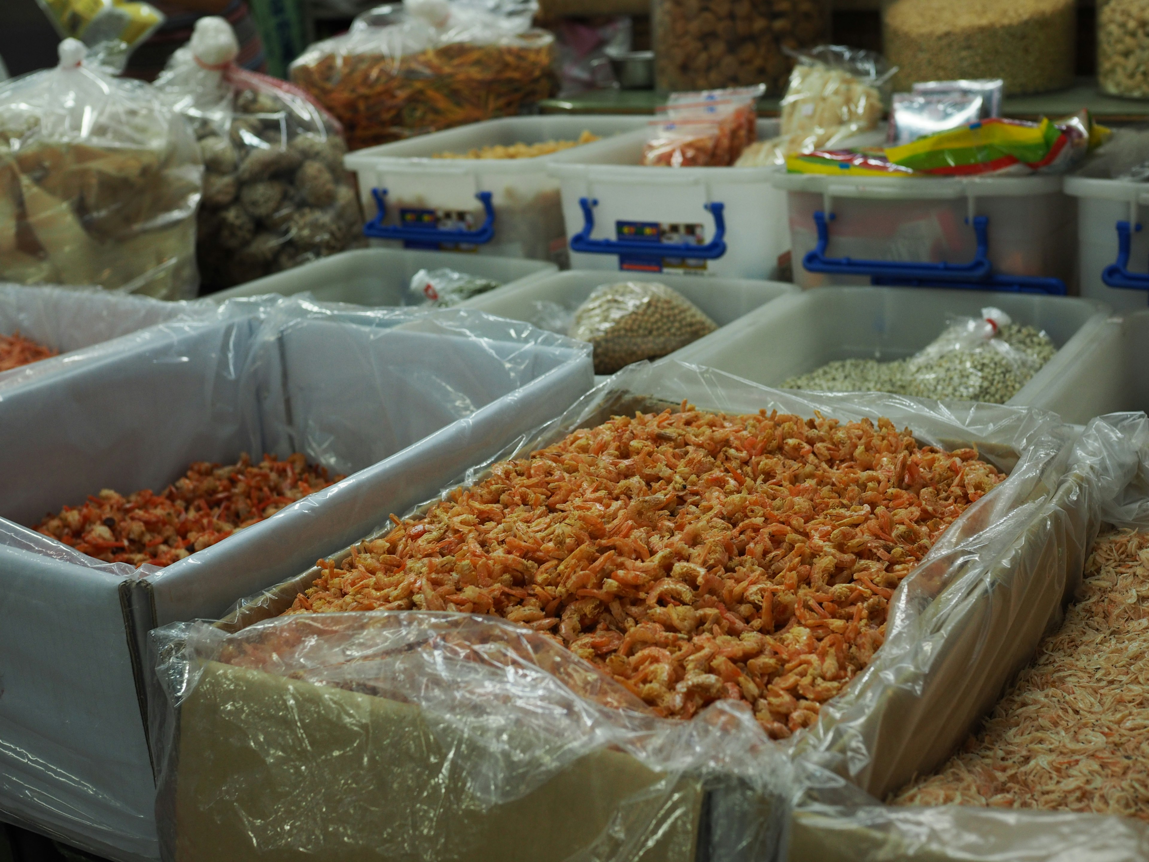 Boxes of dried shrimp displayed in a market