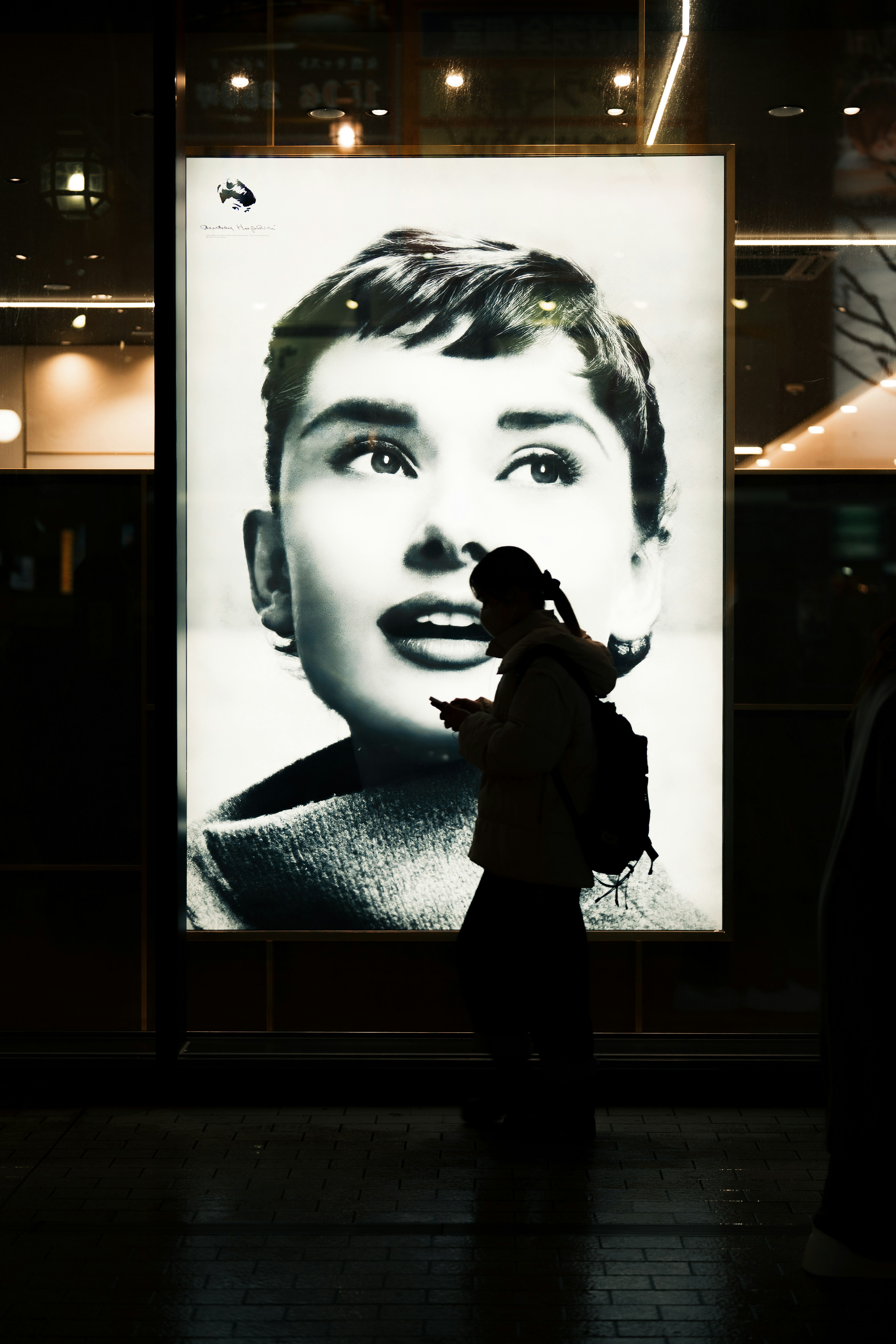 Silhouette d'une personne devant une grande affiche noir et blanc d'Audrey Hepburn