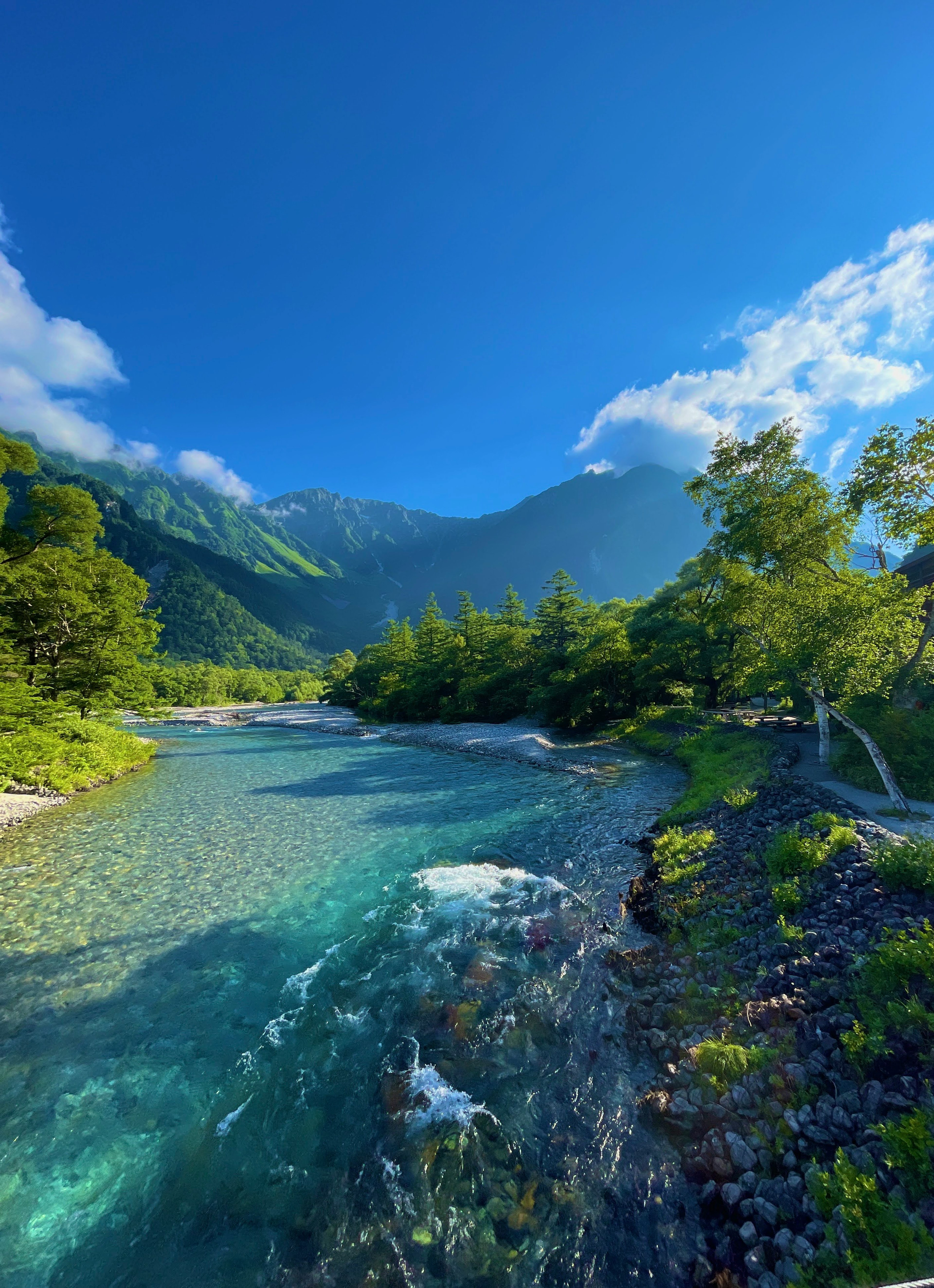 Scenic view of a clear river surrounded by lush greenery and mountains under a blue sky