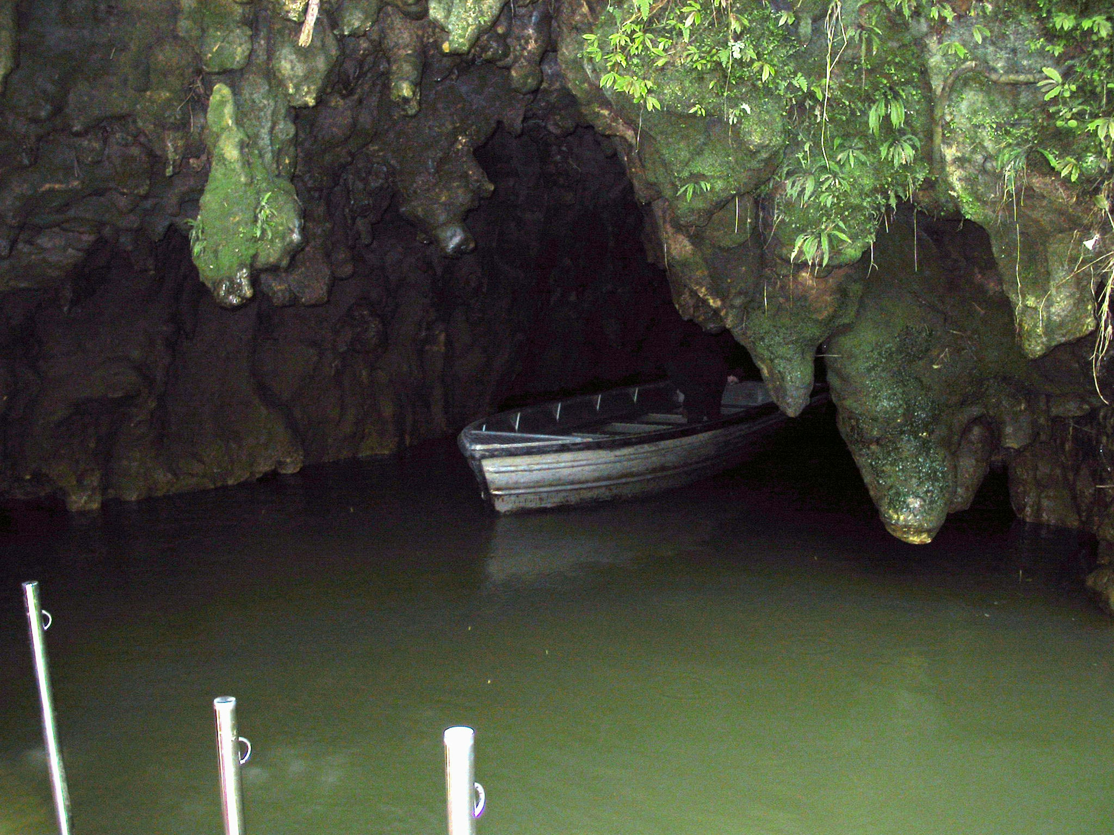 Pemandangan tenang dengan perahu kecil mengapung di atas air tenang di dalam gua dikelilingi oleh batu-batu yang ditutupi lumut