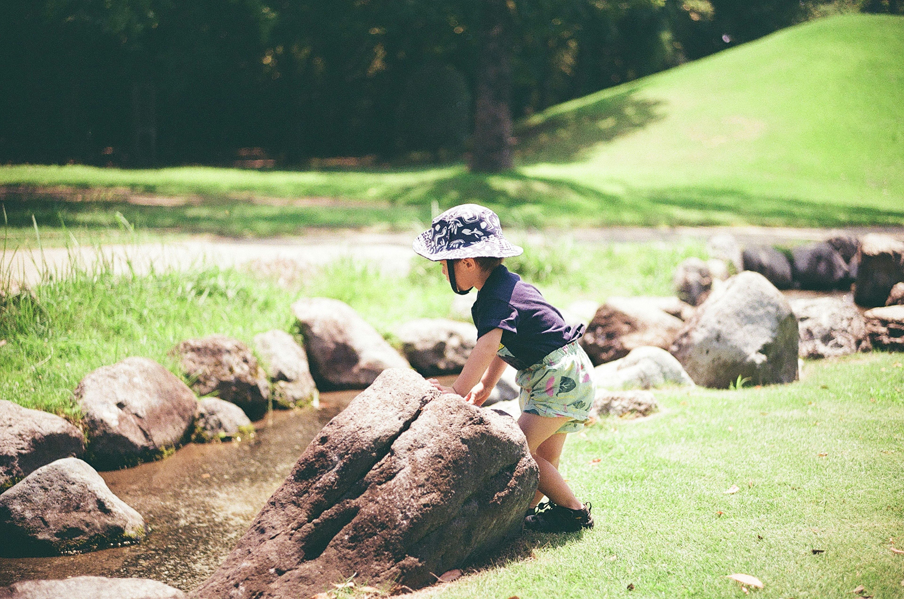 A young child wearing a hat playing near rocks in a green park setting