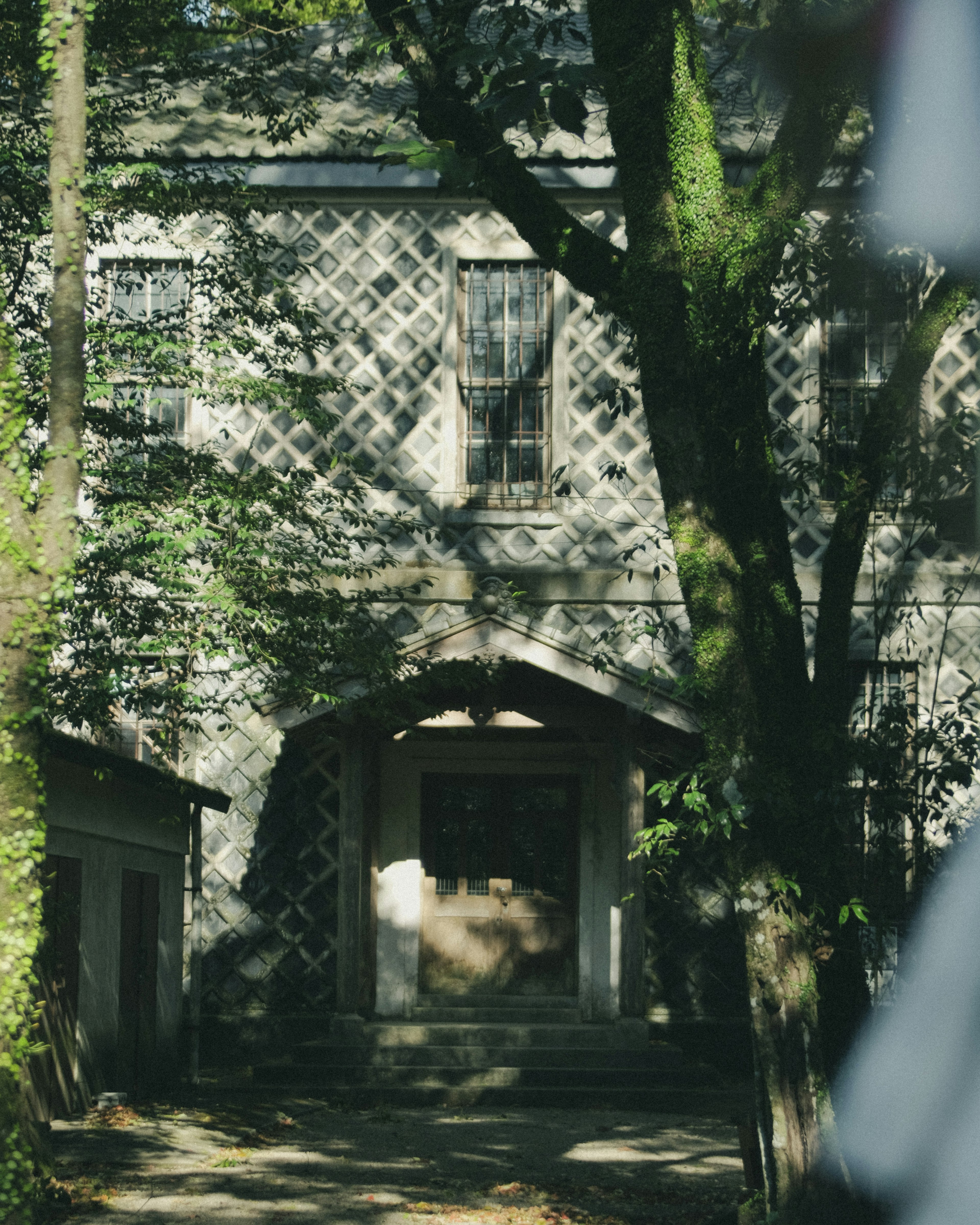 Entrée d'une vieille maison entourée d'arbres