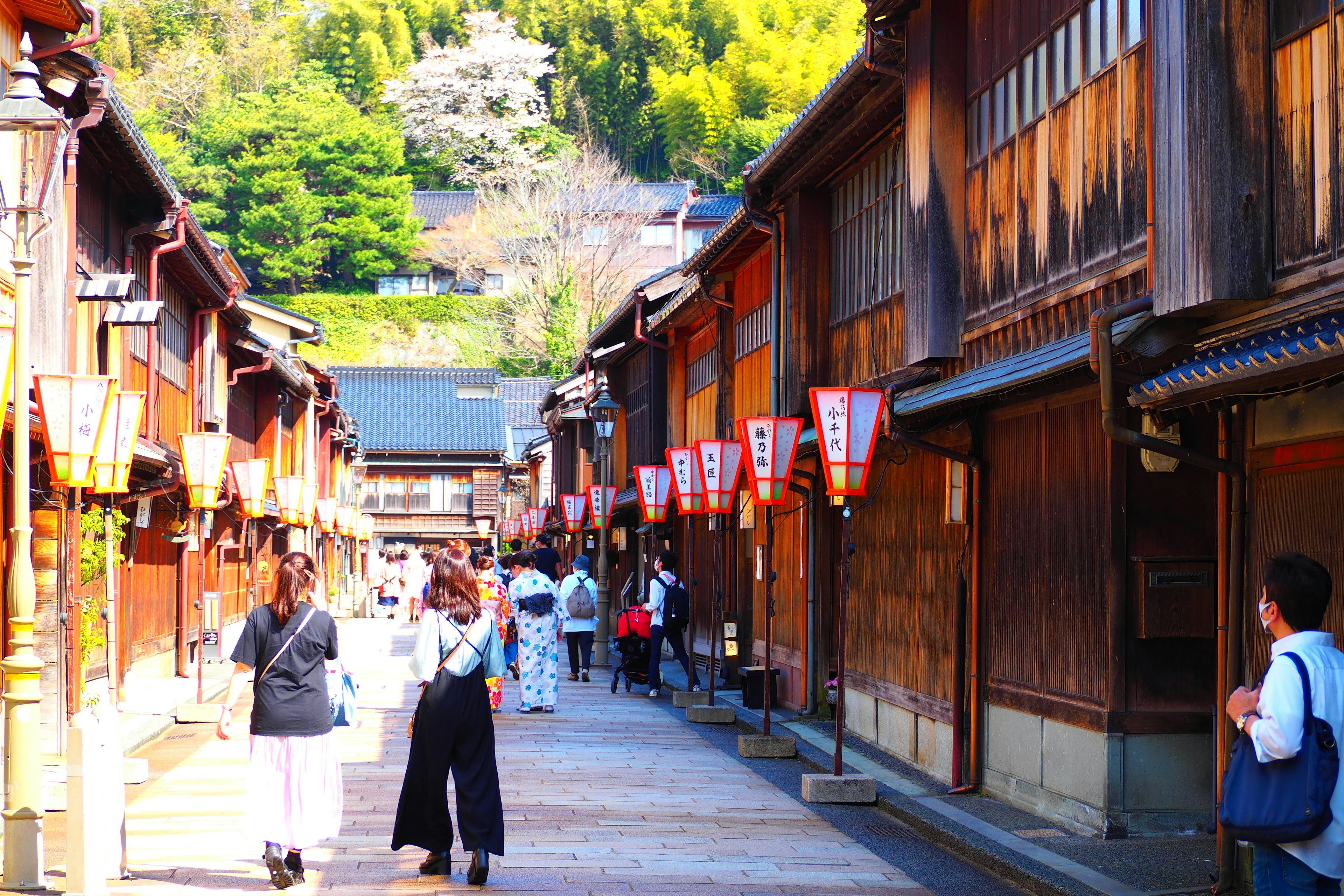 人们在传统的日本街道上走动，周围是木制建筑