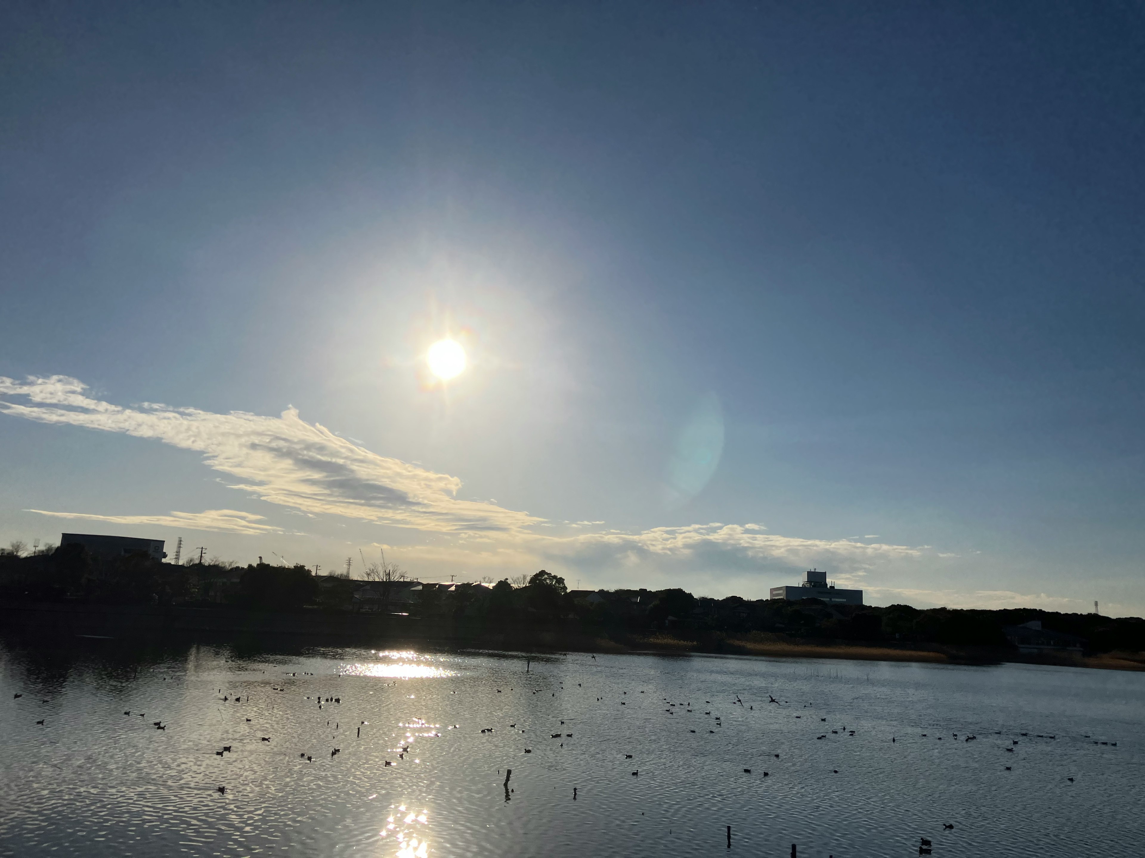 穏やかな湖の風景に輝く太陽と青い空