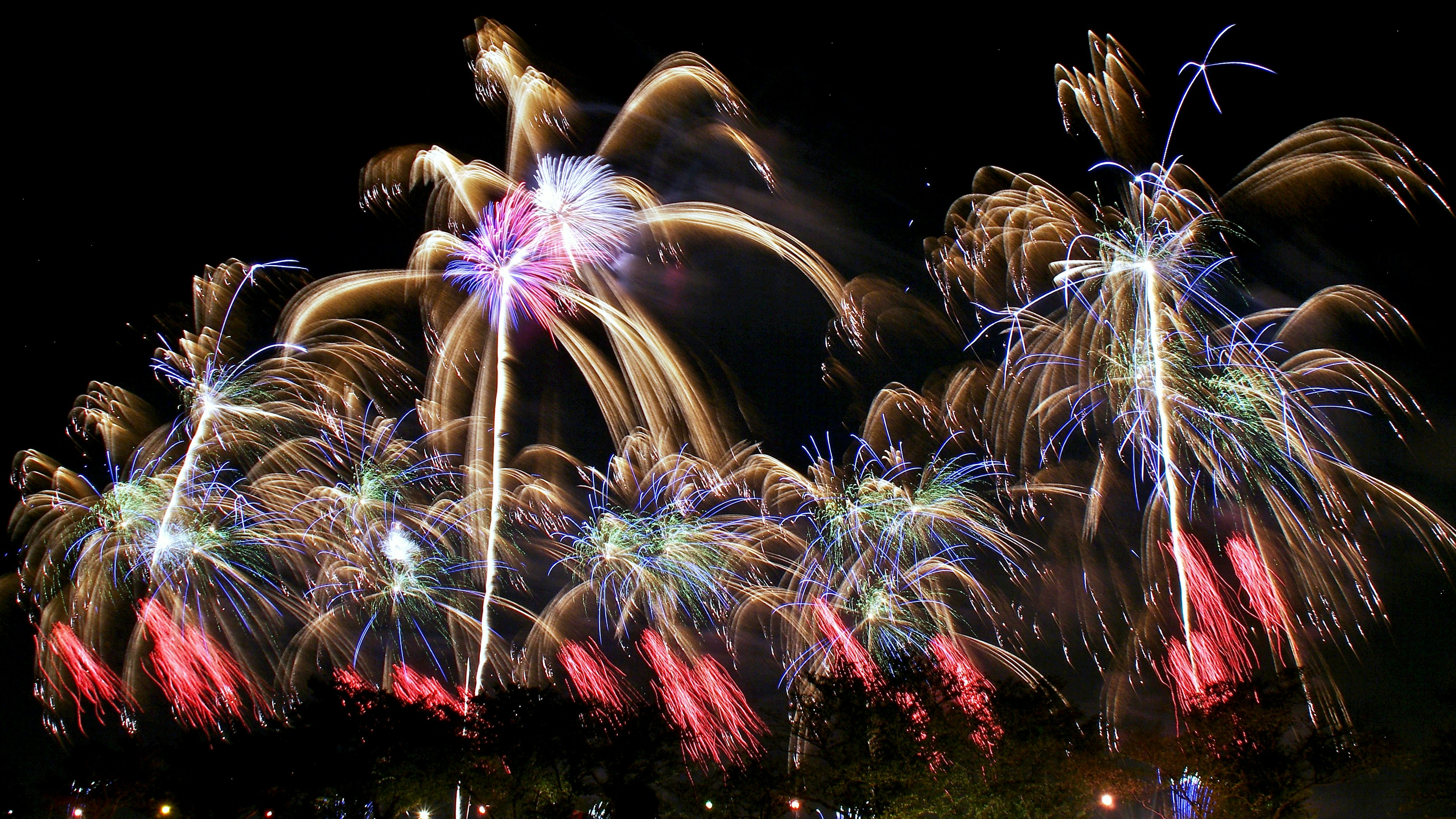 Vibrant fireworks display lighting up the night sky with colorful bursts