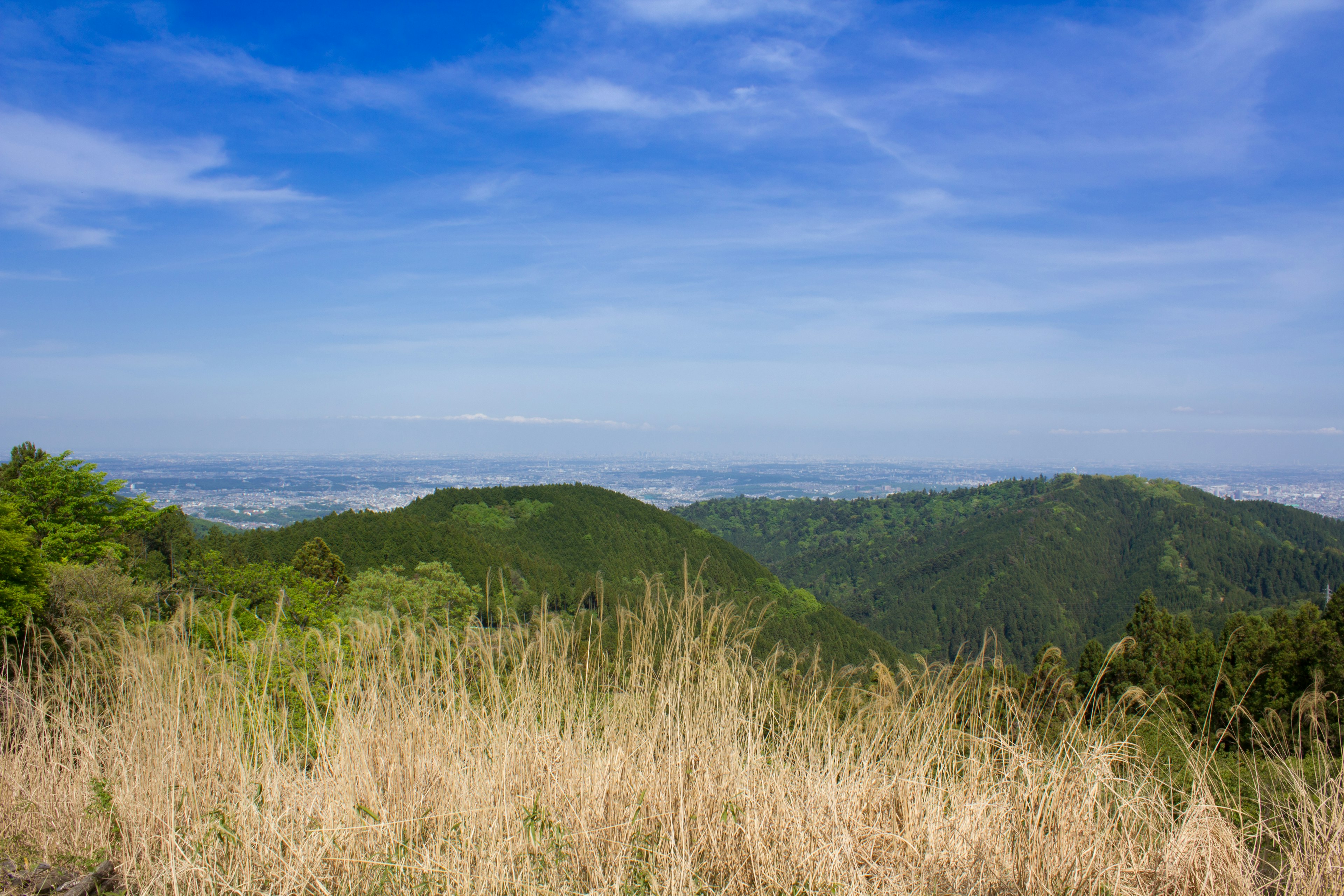 Landschaft mit grünen Hügeln unter blauem Himmel