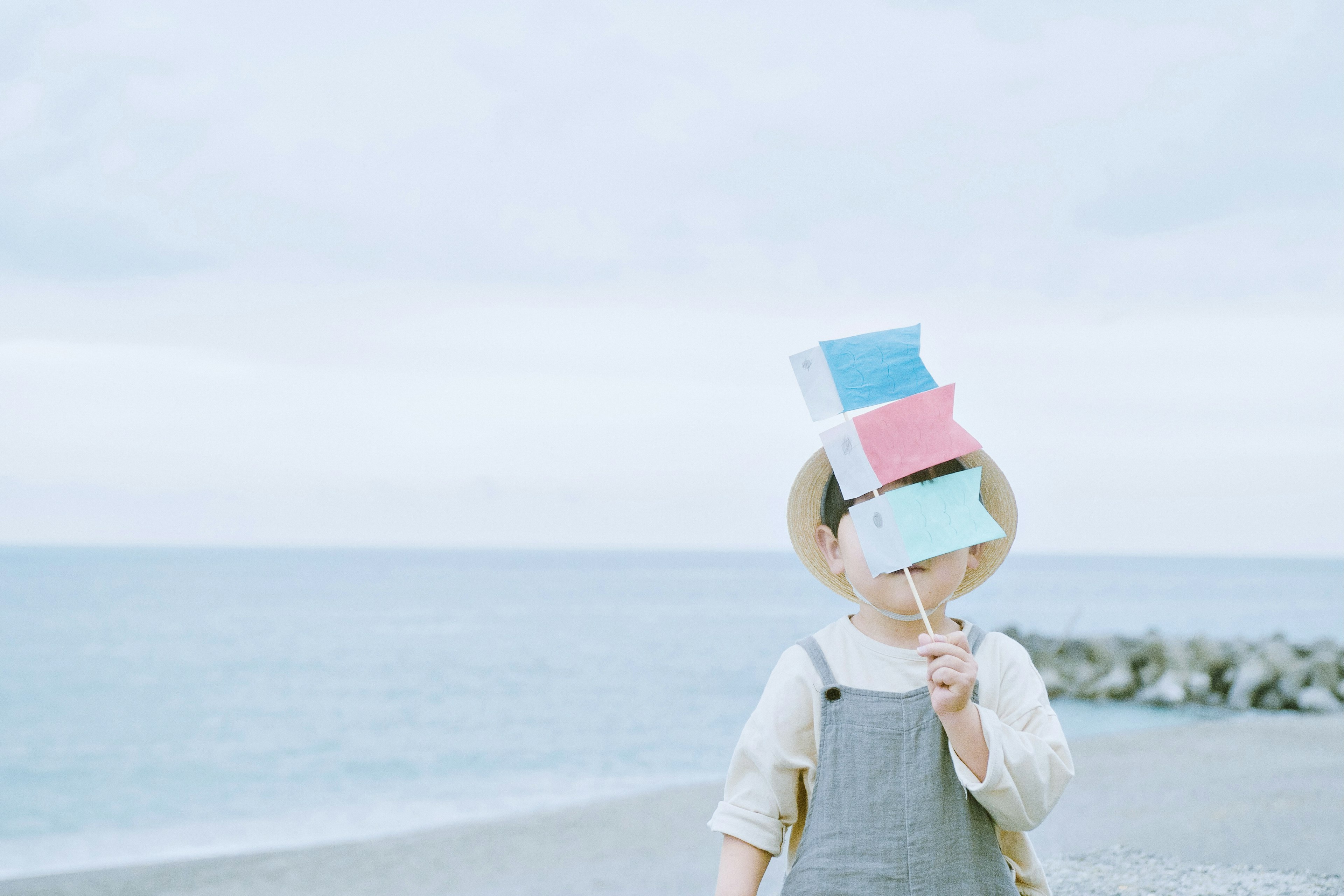 A child holding colorful flags in front of a blue sea and sky